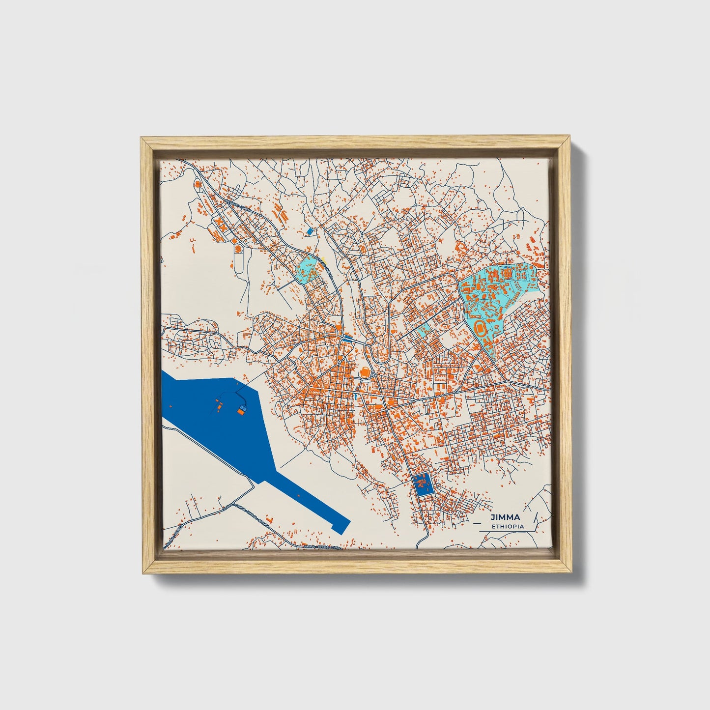 Jimma Ethiopia Colorful City Map Canvas Print • Natural Wooden Framed