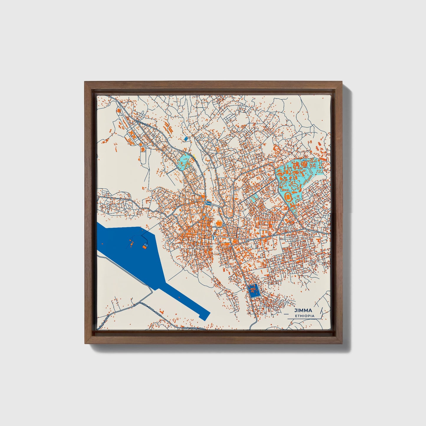 Jimma Ethiopia Colorful City Map Canvas Print • Dark Wooden Framed