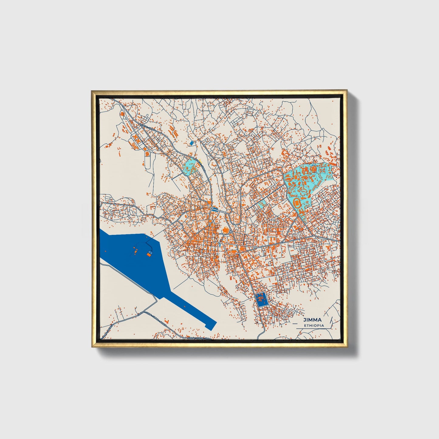 Jimma Ethiopia Colorful City Map Canvas Print • Gold Framed