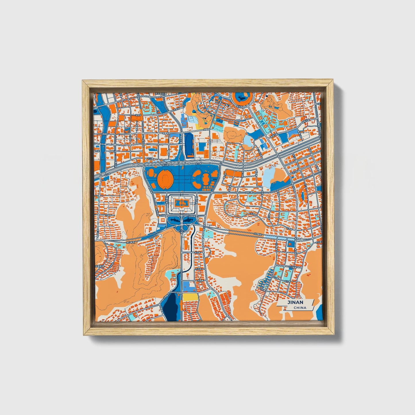 Jinan China Colorful City Map Canvas Print • Natural Wooden Framed