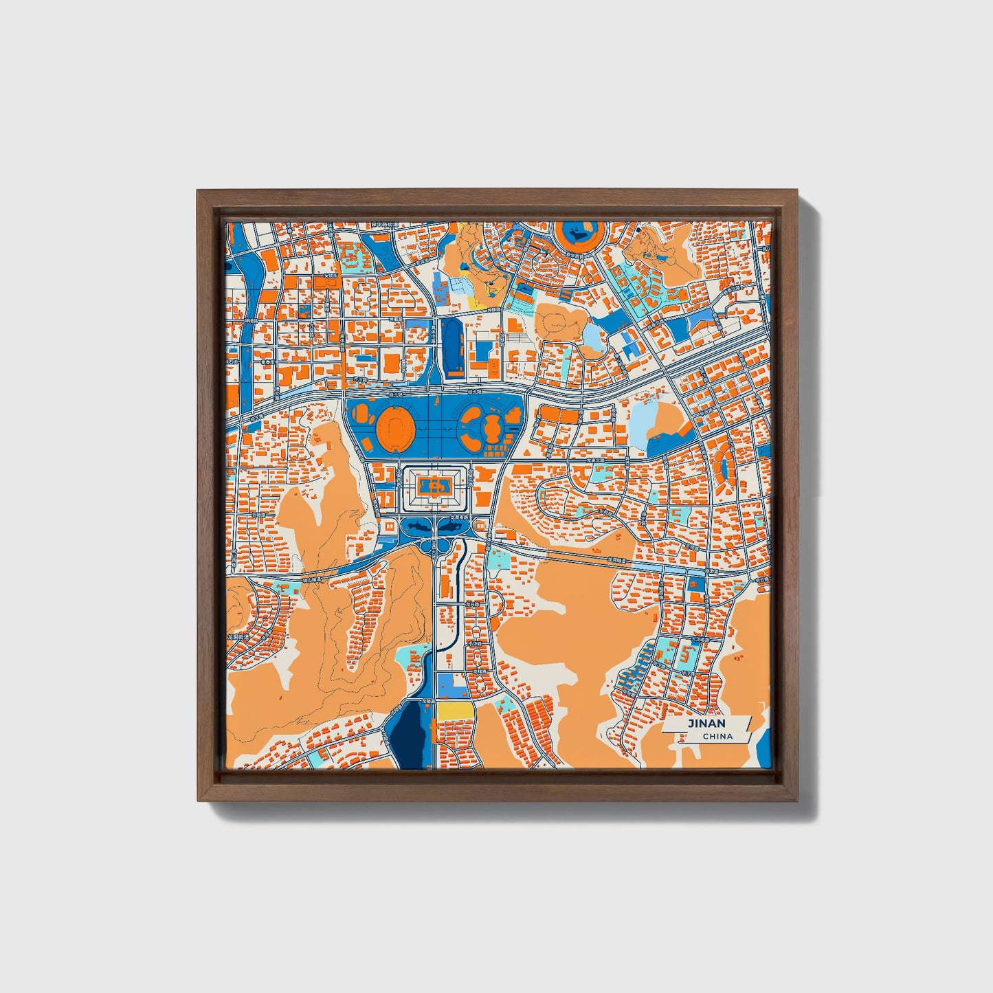 Jinan China Colorful City Map Canvas Print • Dark Wooden Framed