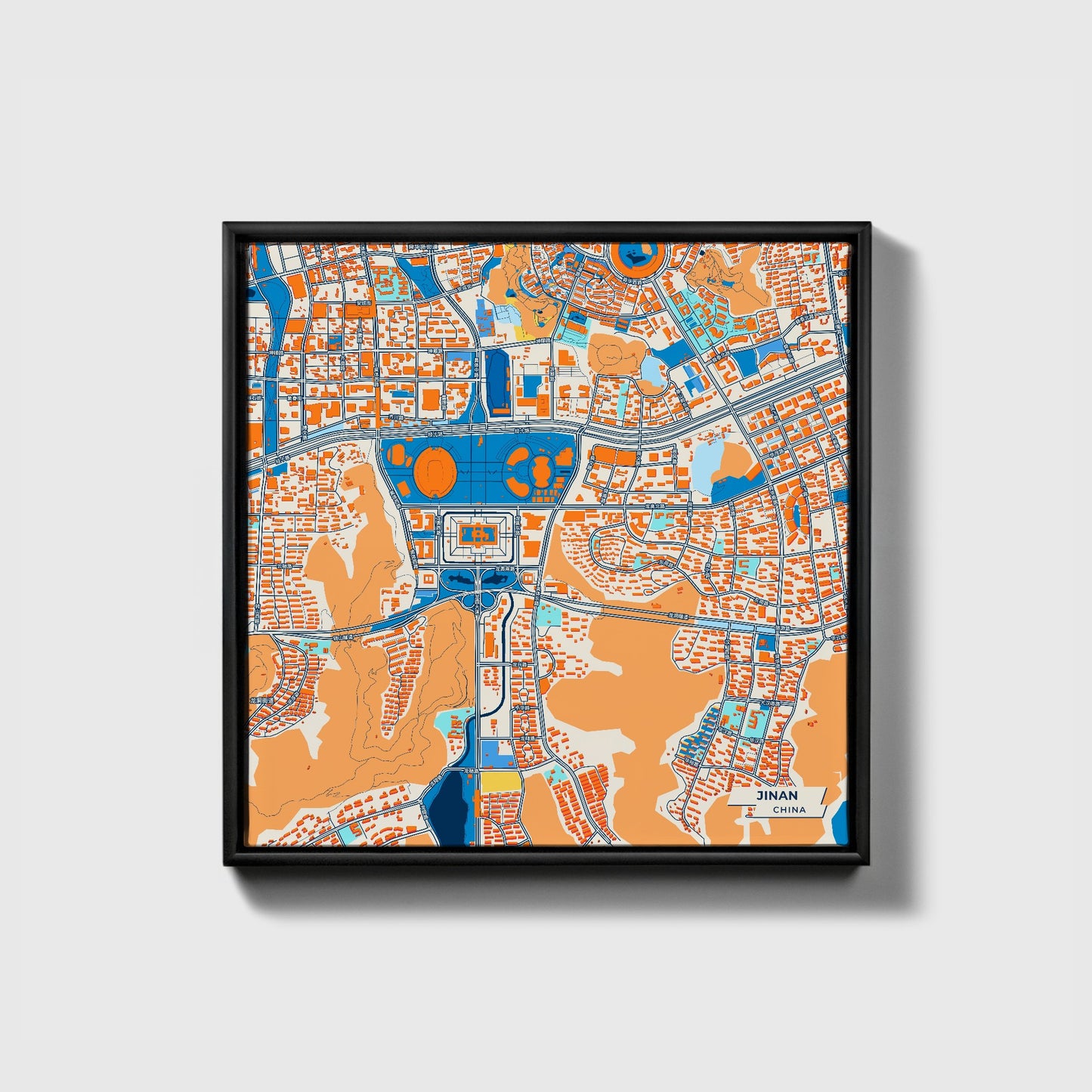 Jinan China Colorful City Map Canvas Print • Black Framed
