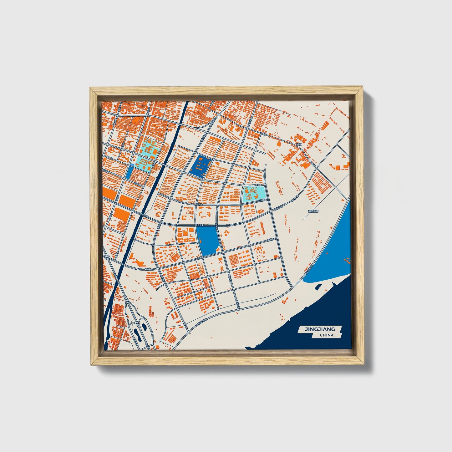 Jingjiang China Colorful City Map Canvas Print • Natural Wooden Framed