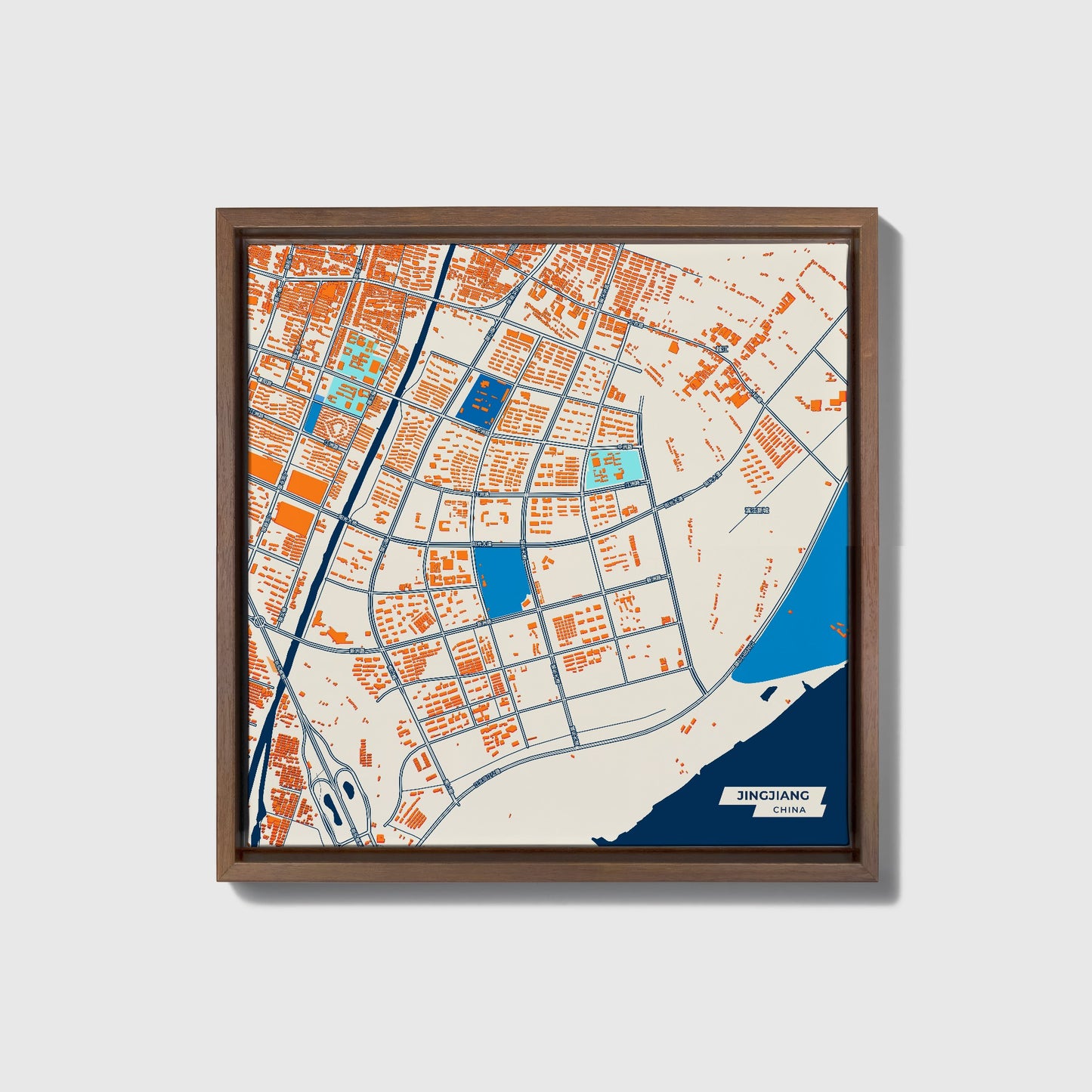 Jingjiang China Colorful City Map Canvas Print • Dark Wooden Framed