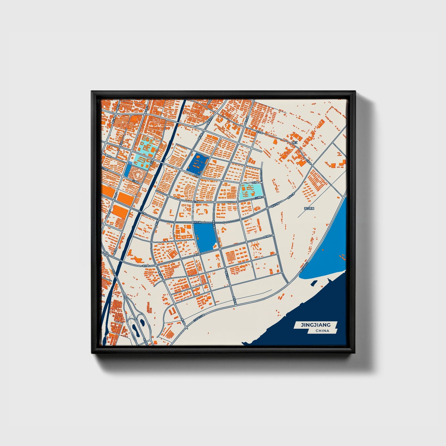 Jingjiang China Colorful City Map Canvas Print • Black Framed