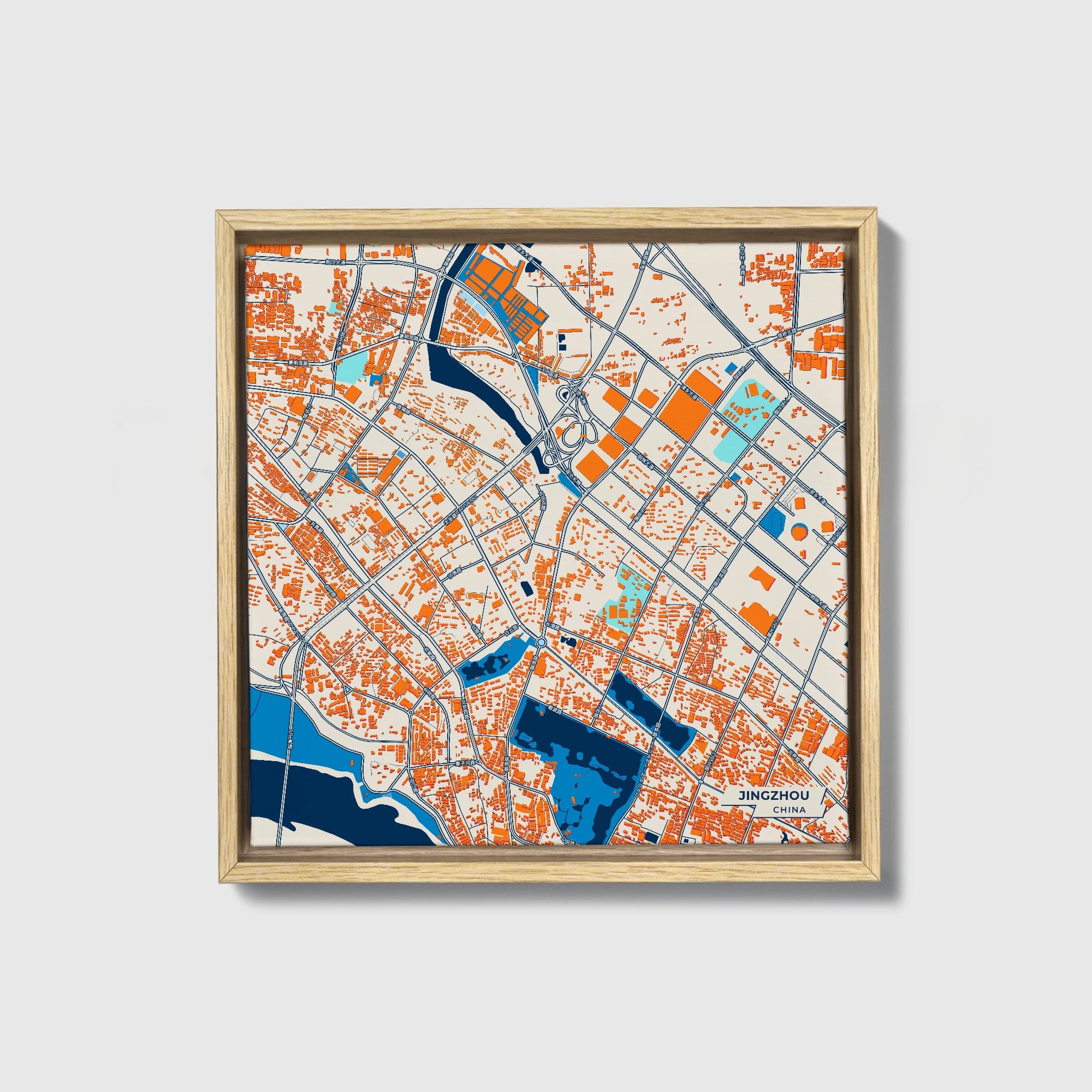 Jingzhou China Colorful City Map Canvas Print • Natural Wooden Framed