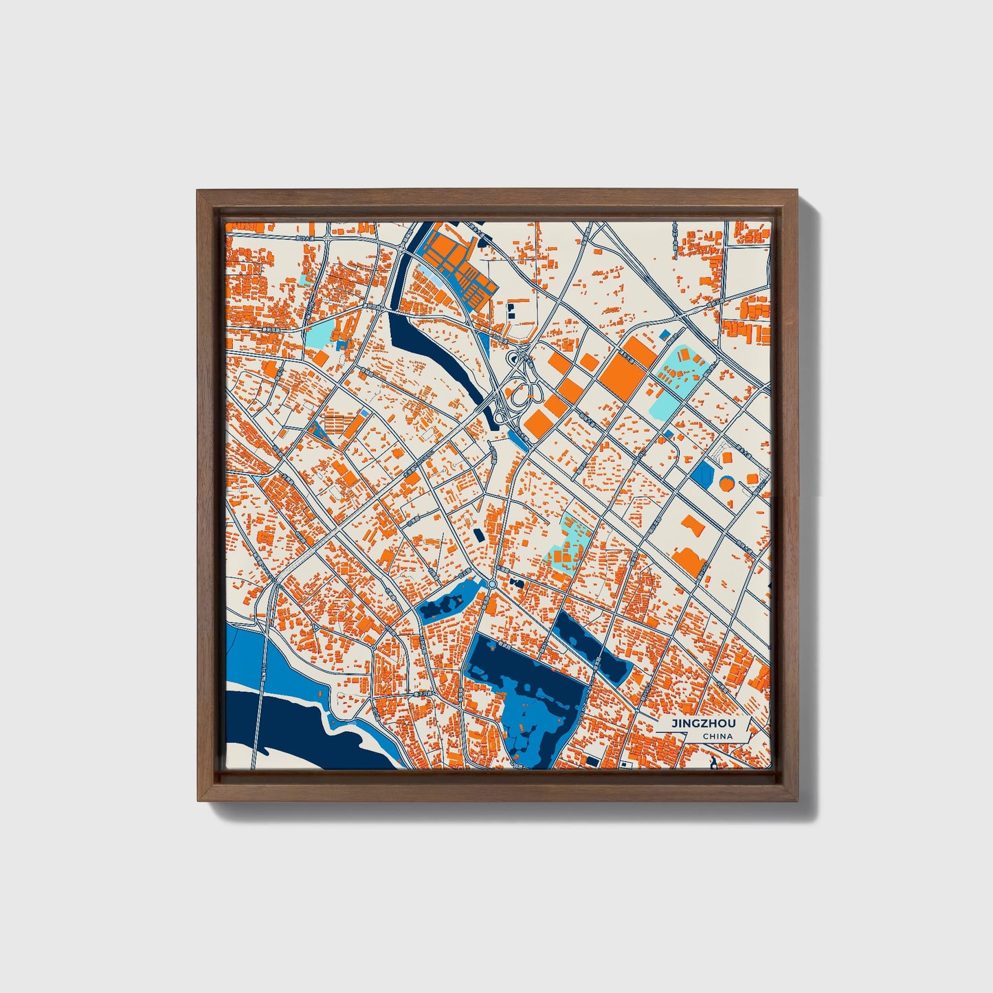 Jingzhou China Colorful City Map Canvas Print • Dark Wooden Framed