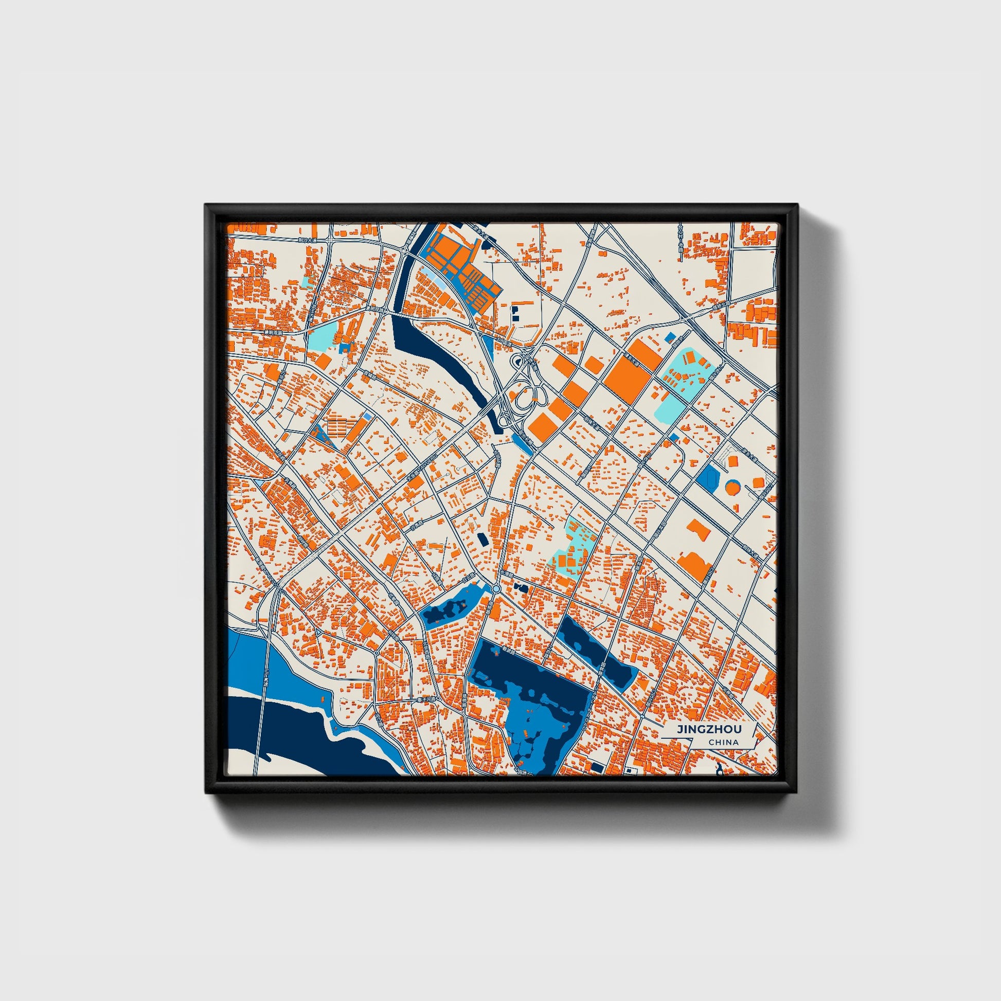 Jingzhou China Colorful City Map Canvas Print • Black Framed