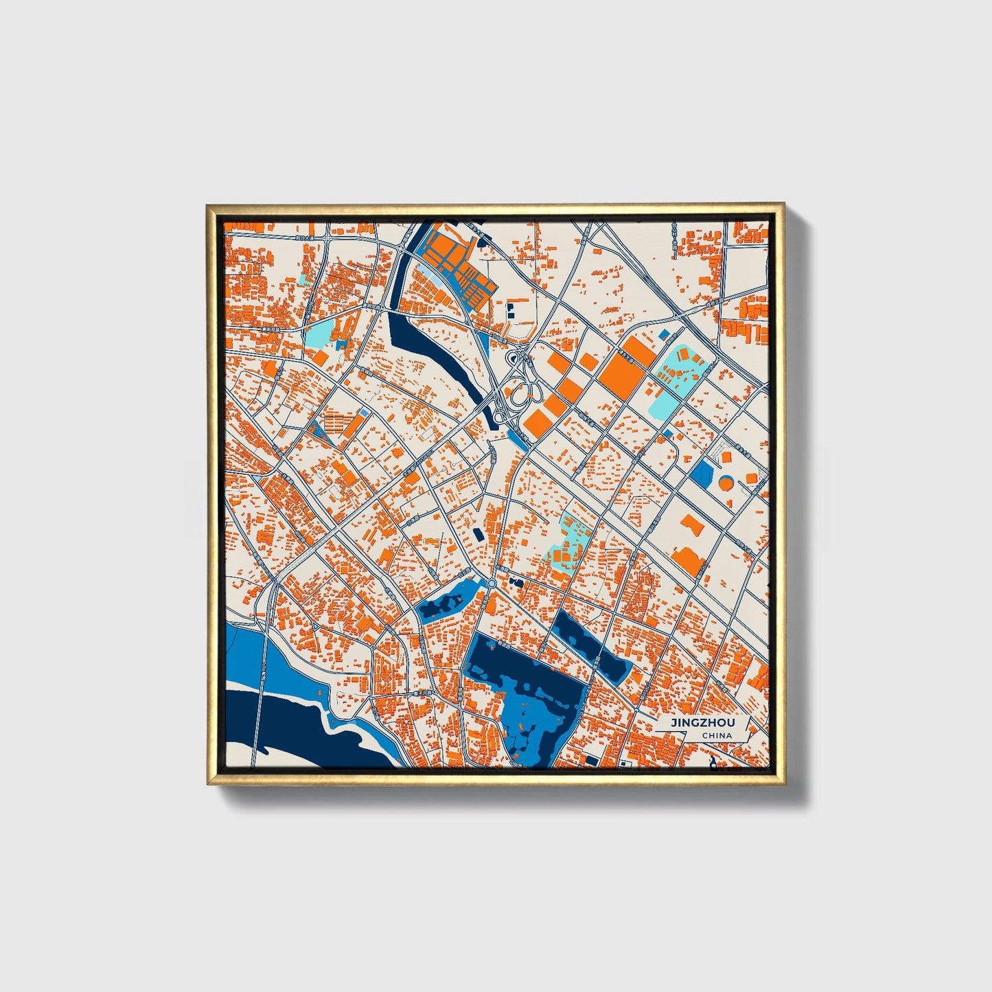 Jingzhou China Colorful City Map Canvas Print • Gold Framed