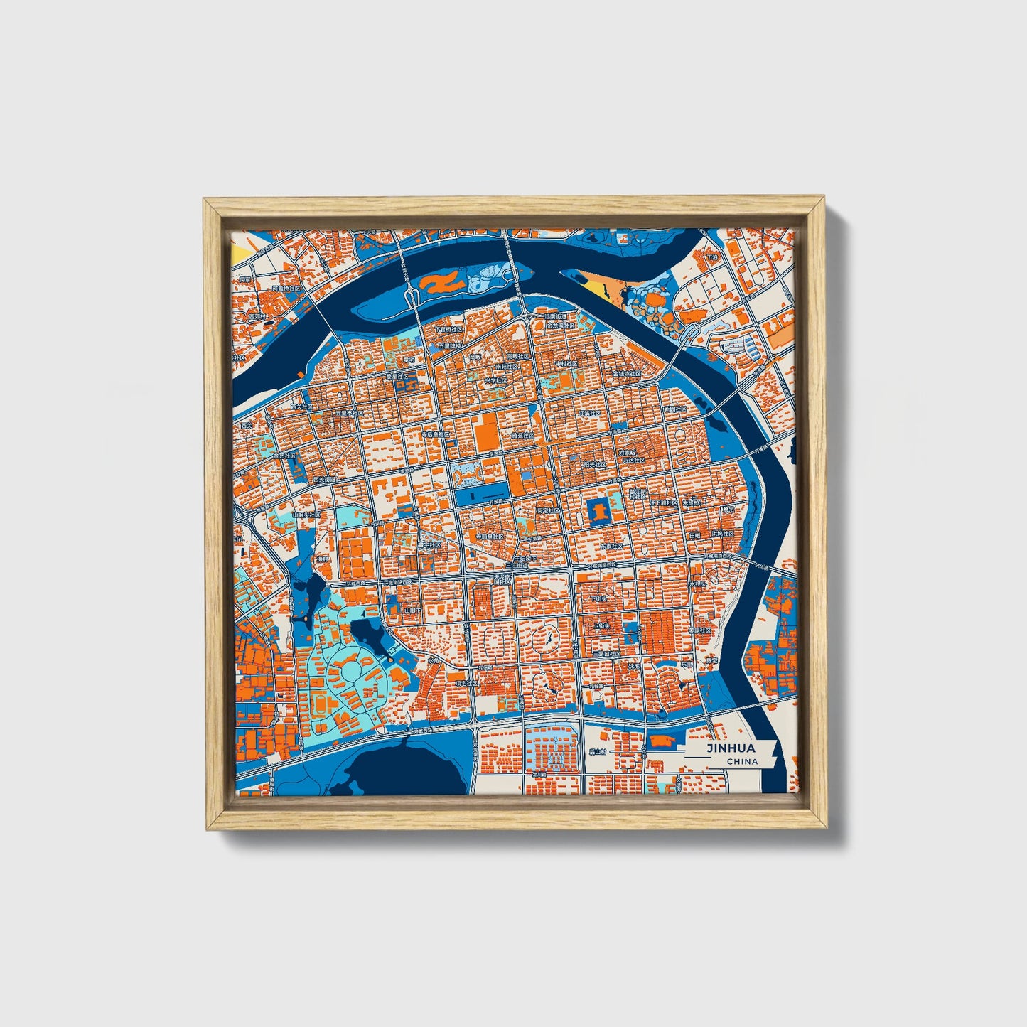 Jinhua China Colorful City Map Canvas Print • Natural Wooden Framed