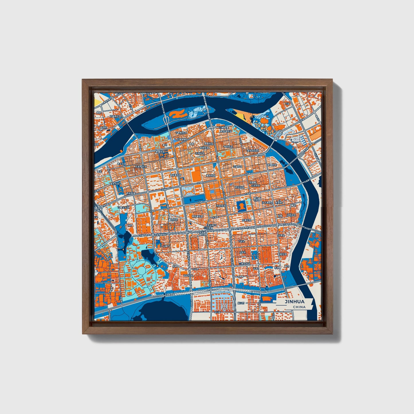 Jinhua China Colorful City Map Canvas Print • Dark Wooden Framed