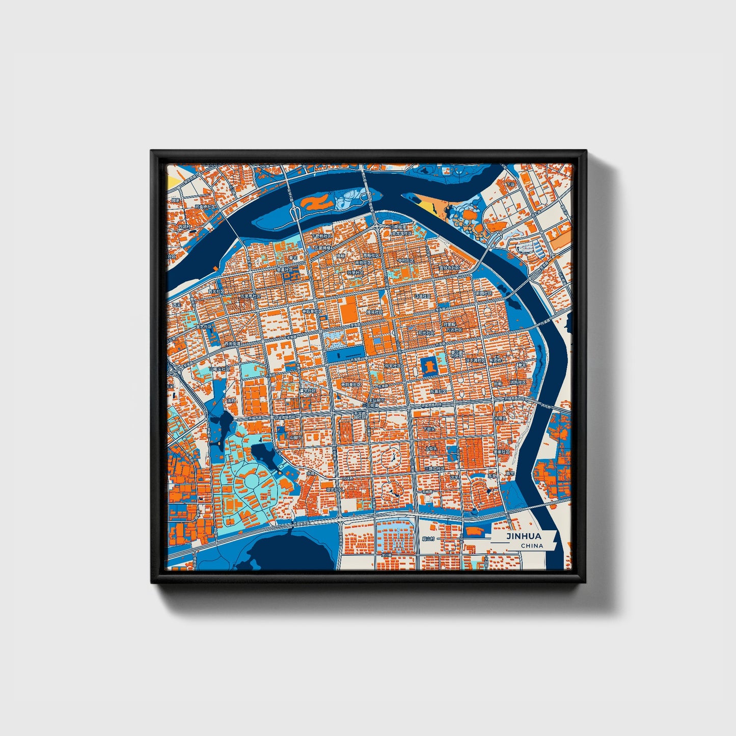 Jinhua China Colorful City Map Canvas Print • Black Framed