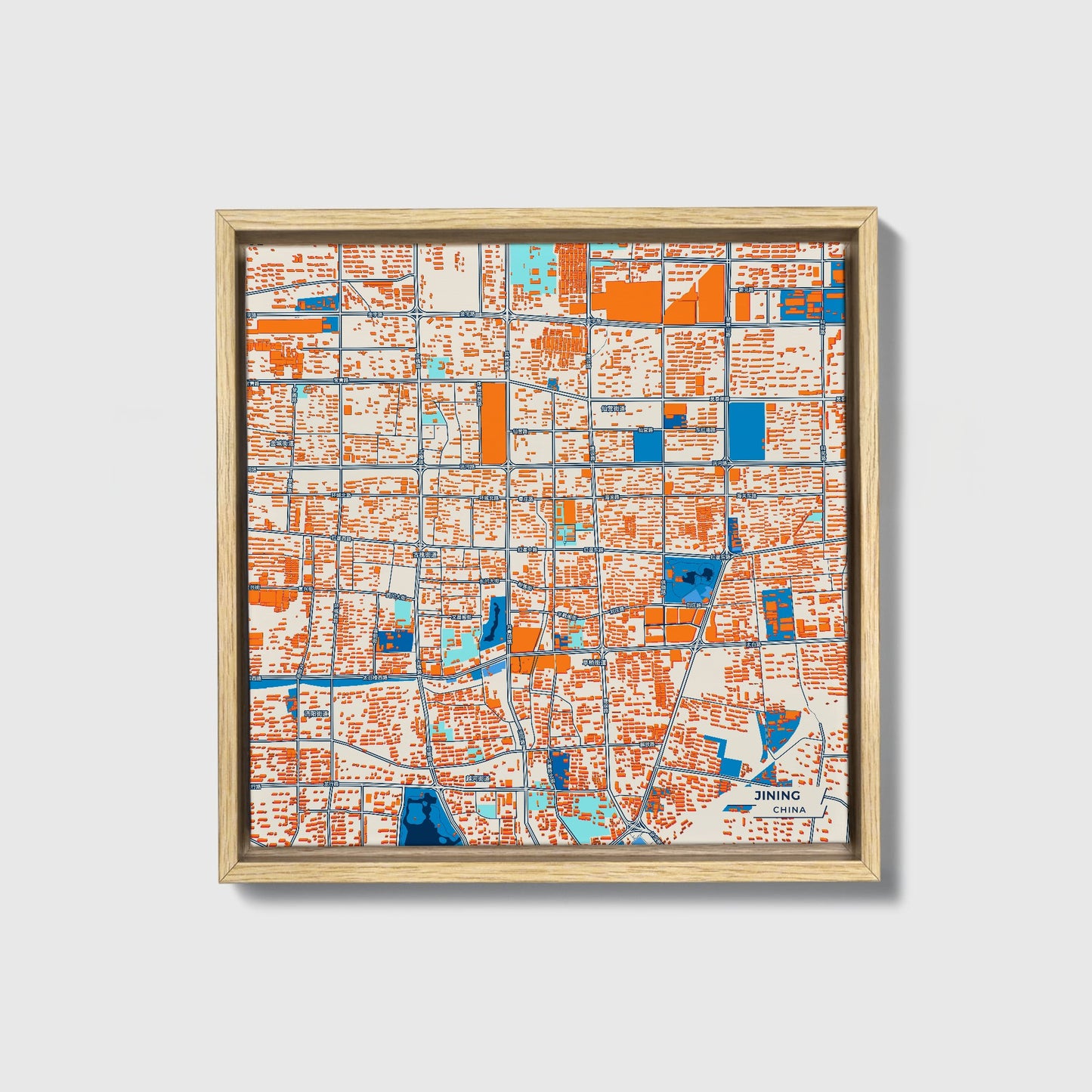 Jining China Colorful City Map Canvas Print • Natural Wooden Framed