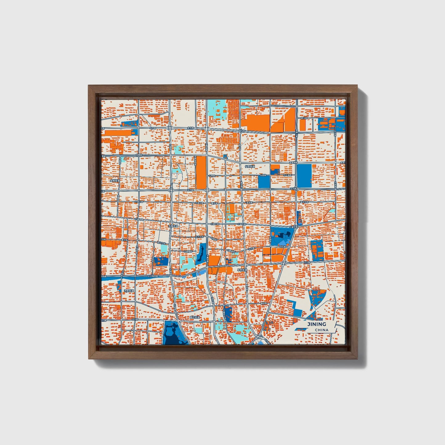 Jining China Colorful City Map Canvas Print • Dark Wooden Framed