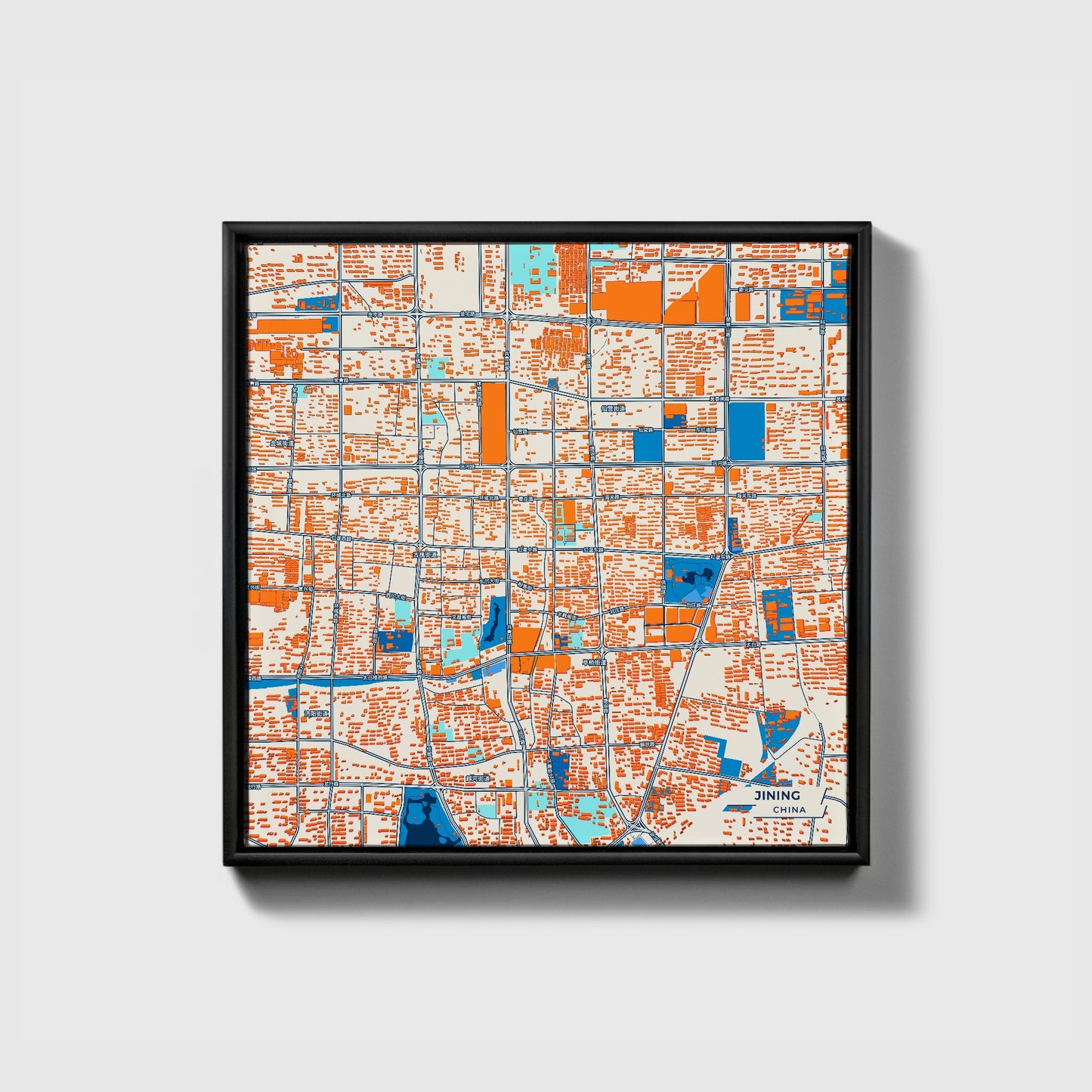 Jining China Colorful City Map Canvas Print • Black Framed