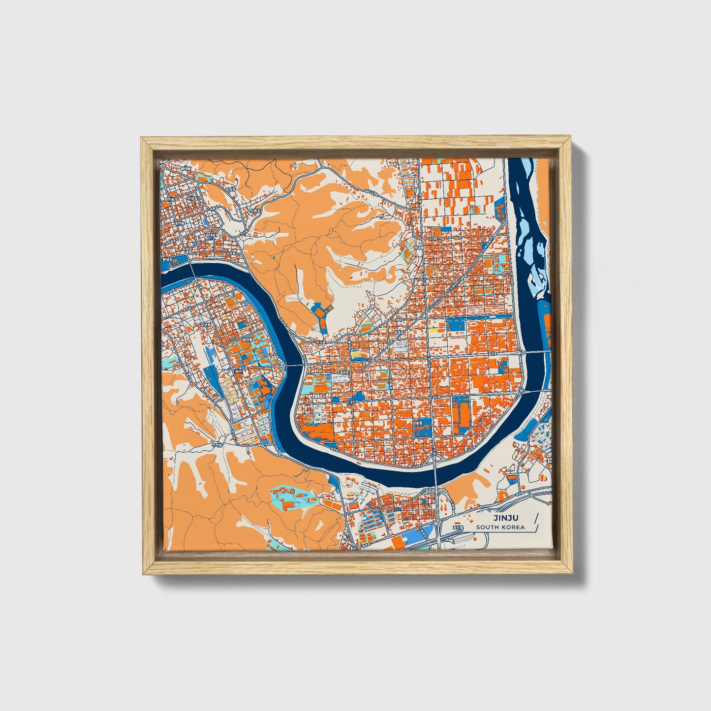 Jinju South Korea Colorful City Map Canvas Print • Natural Wooden Framed