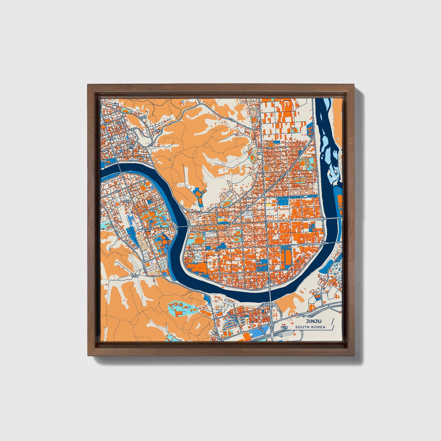 Jinju South Korea Colorful City Map Canvas Print • Dark Wooden Framed