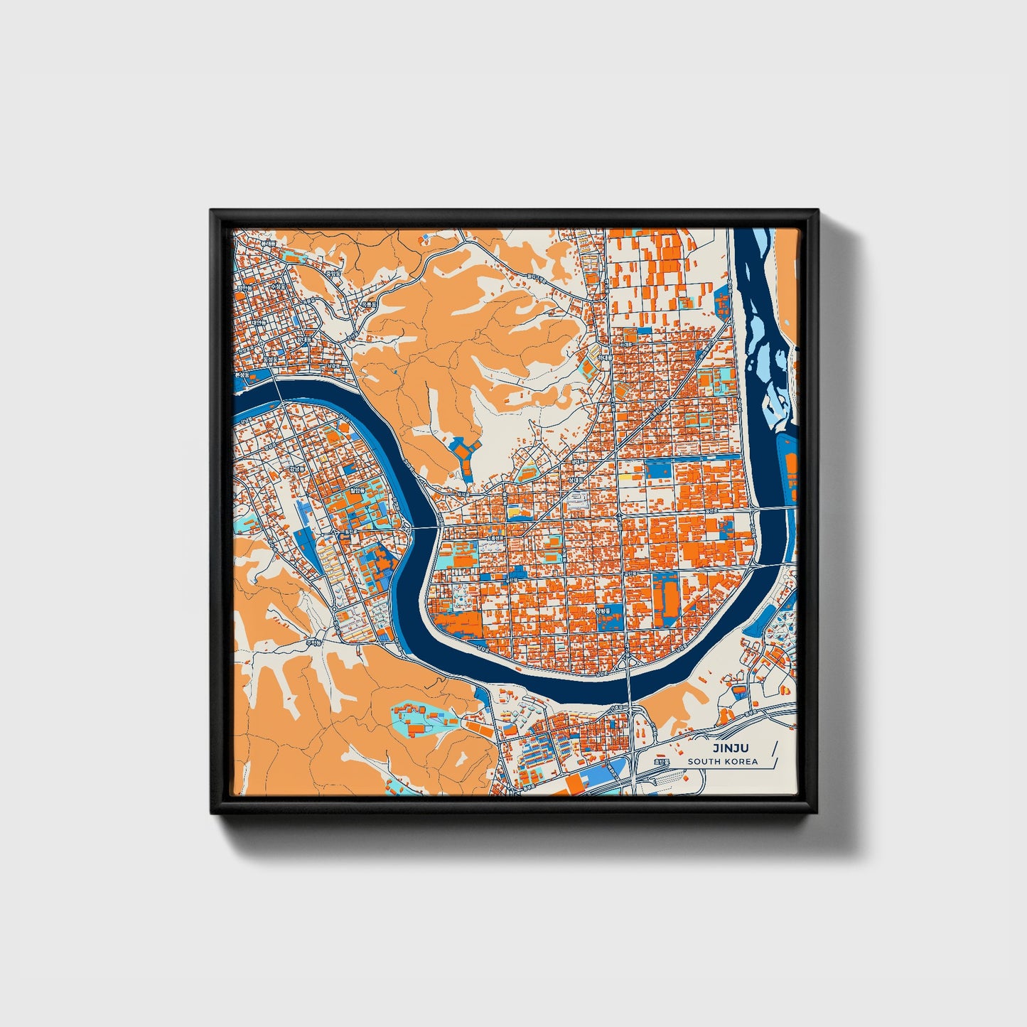 Jinju South Korea Colorful City Map Canvas Print • Black Framed