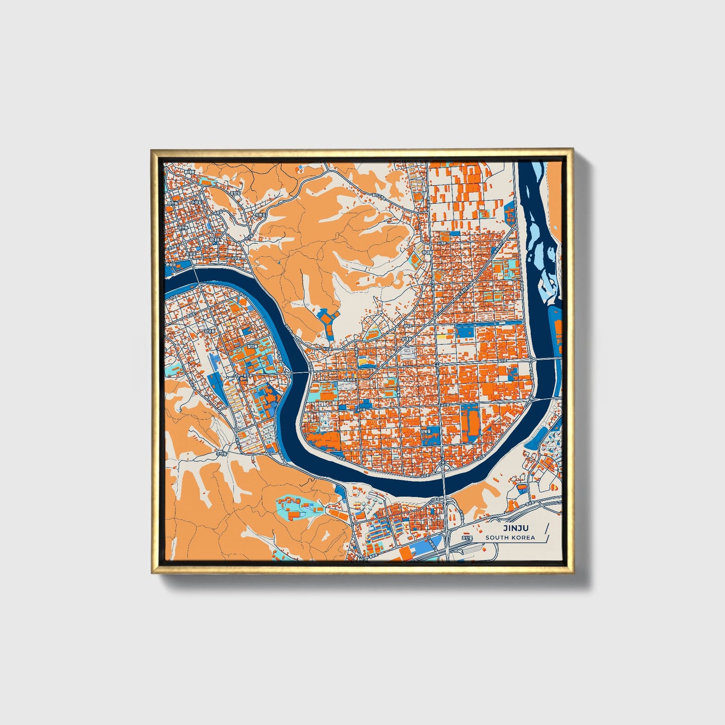 Jinju South Korea Colorful City Map Canvas Print • Gold Framed
