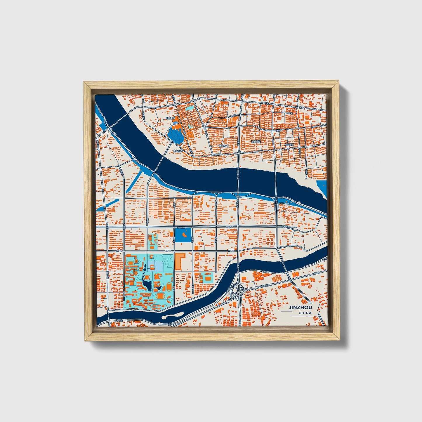 Jinzhou China Colorful City Map Canvas Print • Natural Wooden Framed