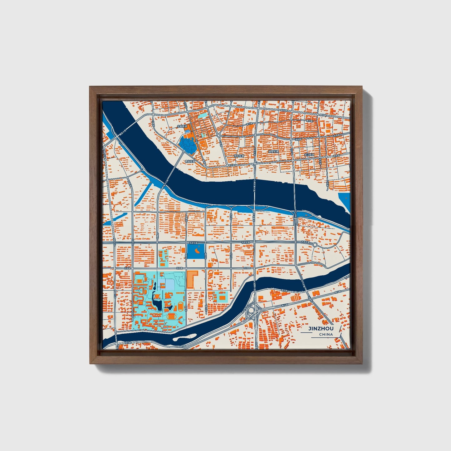 Jinzhou China Colorful City Map Canvas Print • Dark Wooden Framed