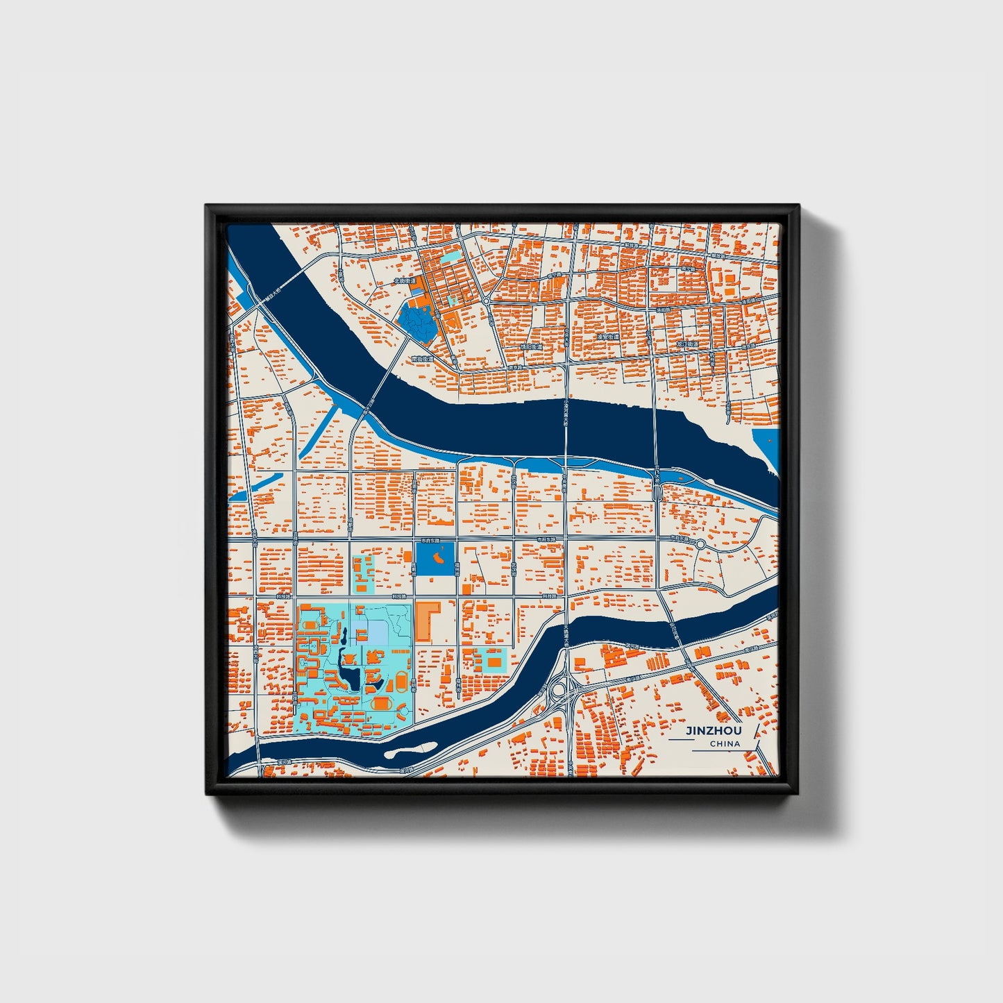 Jinzhou China Colorful City Map Canvas Print • Black Framed
