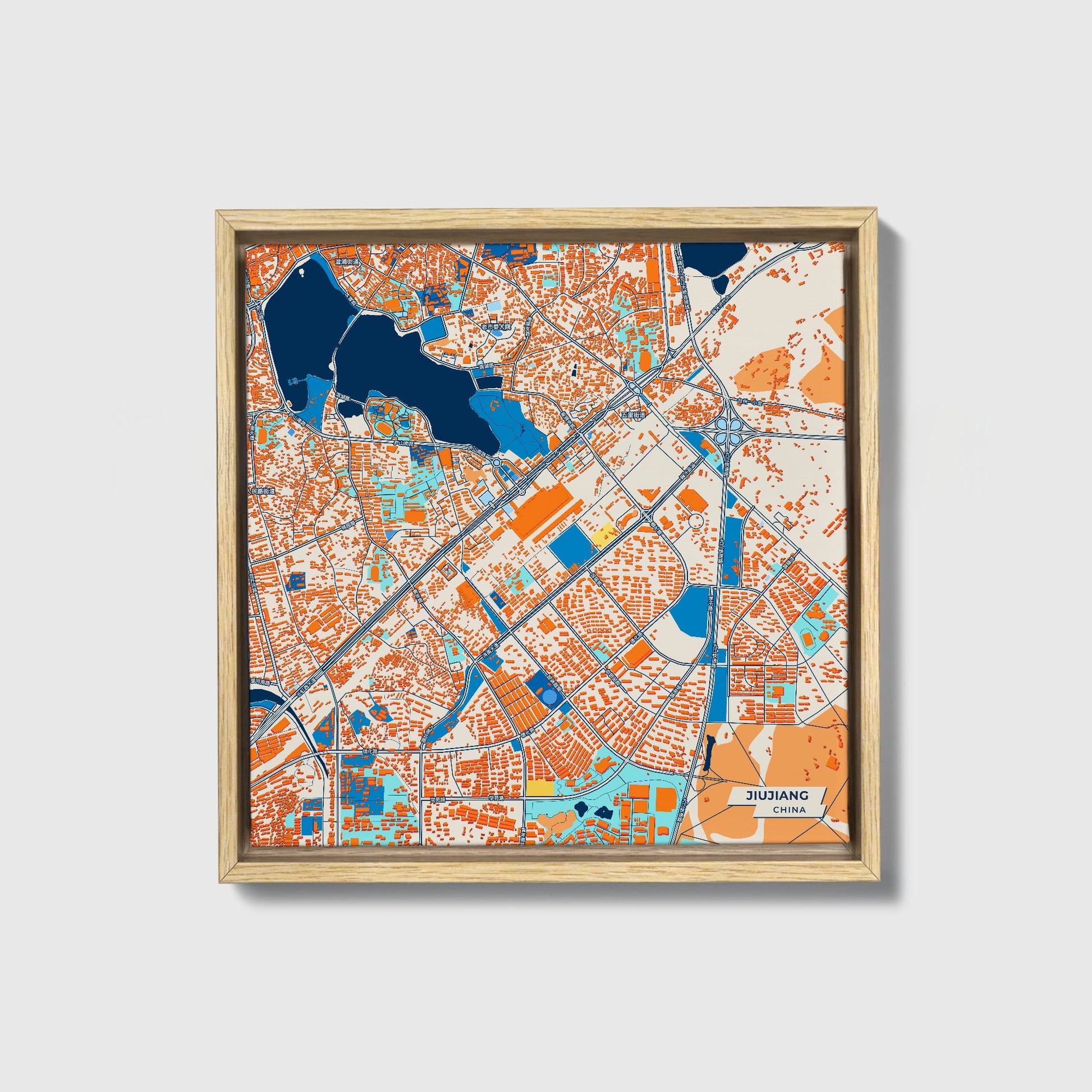 Jiujiang China Colorful City Map Canvas Print • Natural Wooden Framed