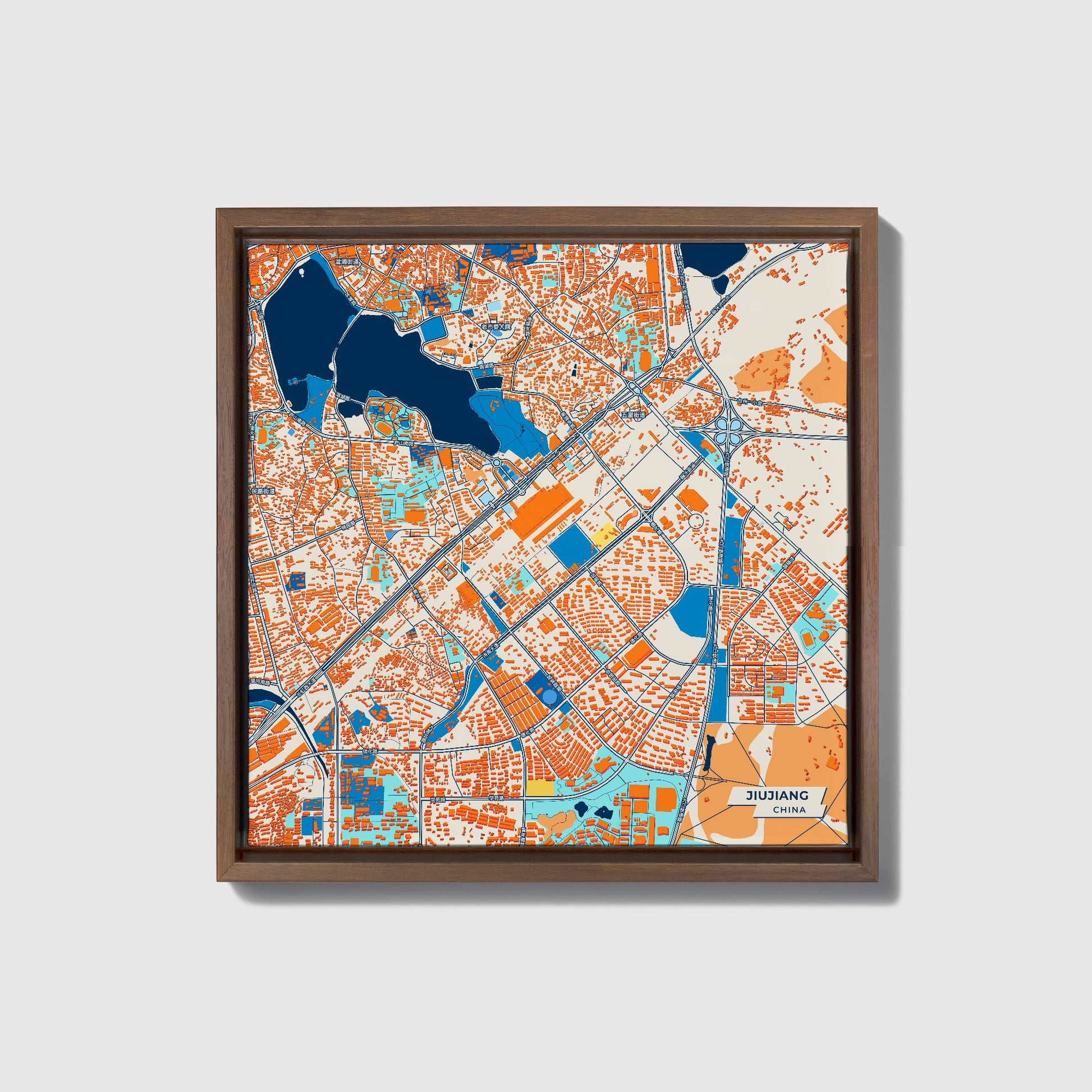 Jiujiang China Colorful City Map Canvas Print • Dark Wooden Framed