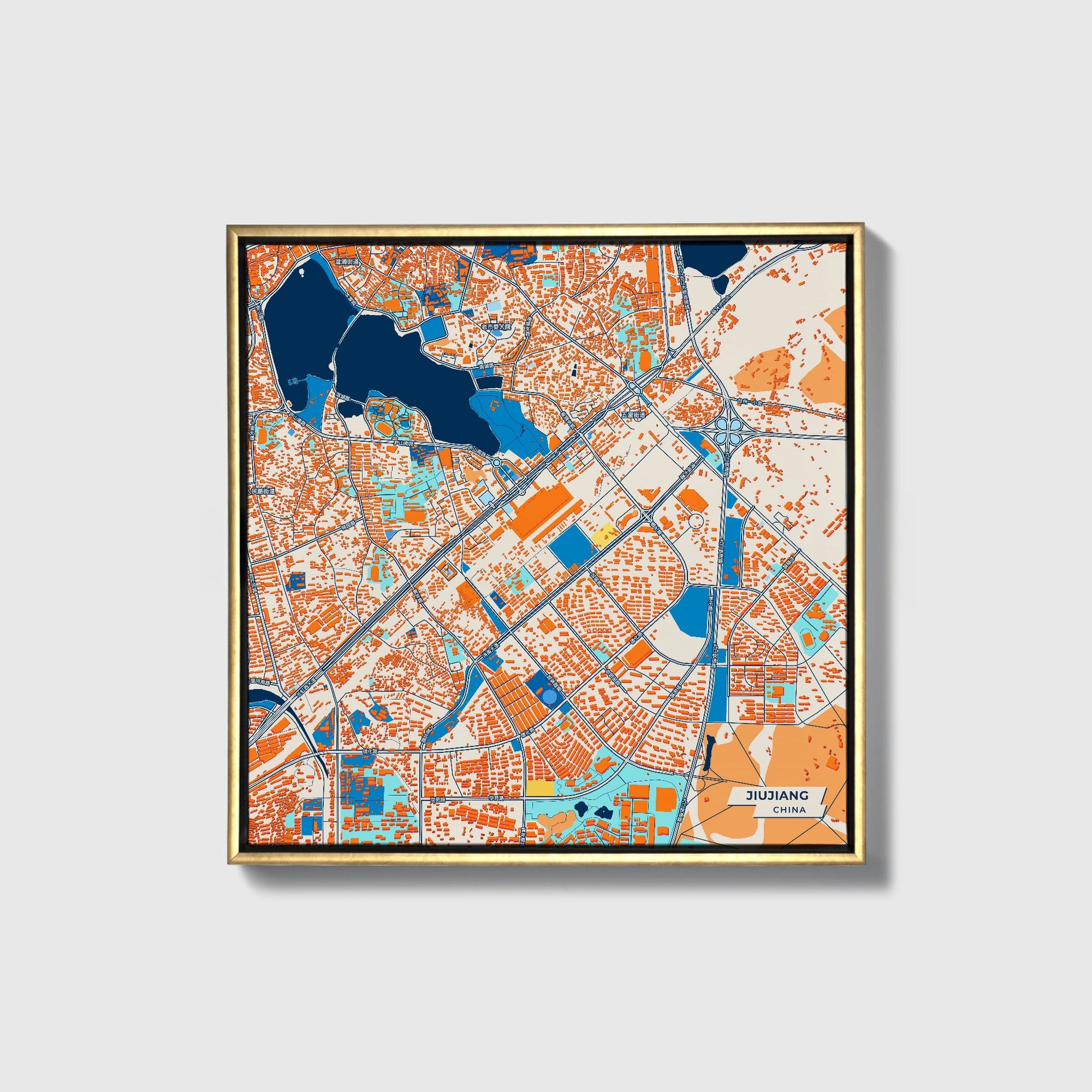 Jiujiang China Colorful City Map Canvas Print • Gold Framed