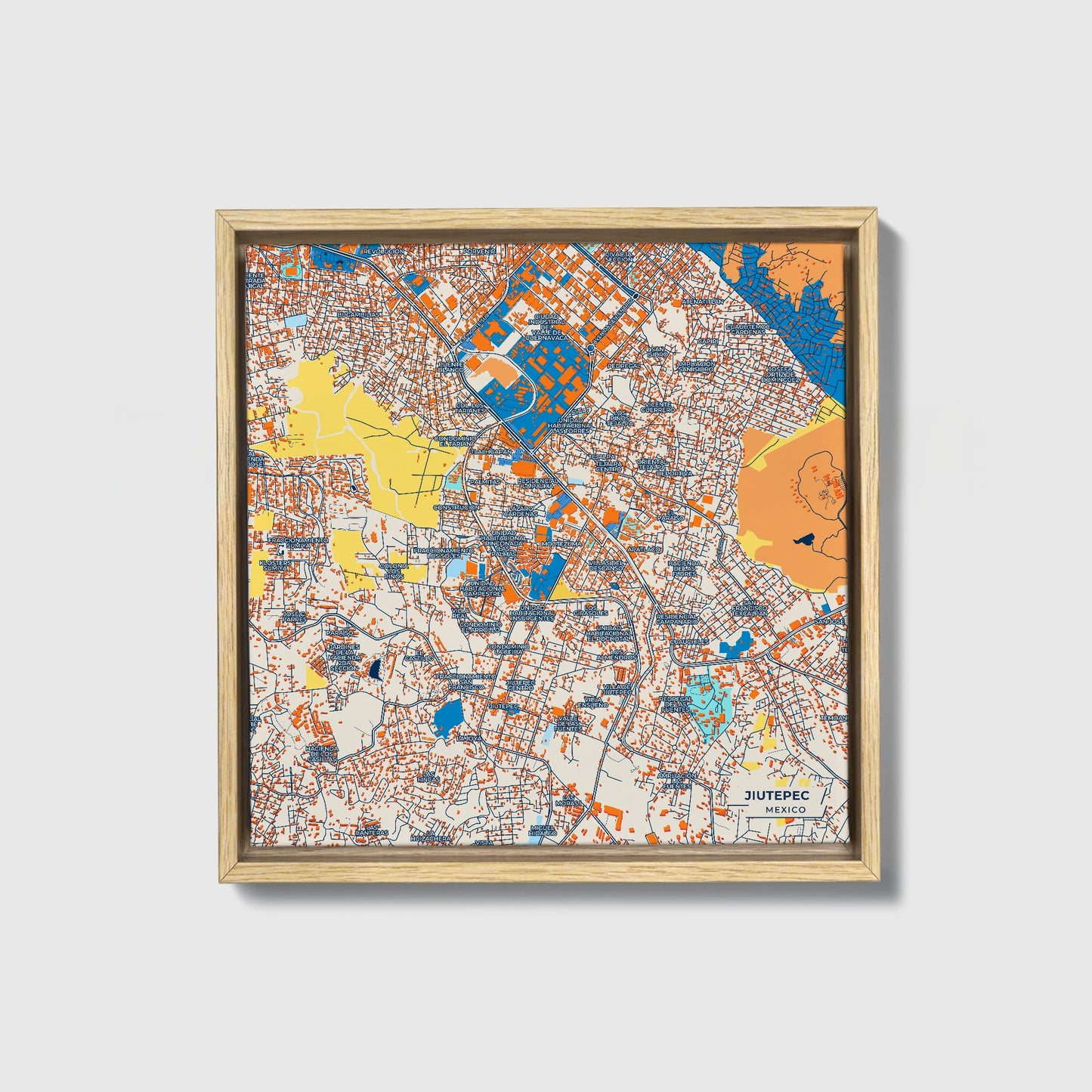 Jiutepec Mexico Colorful City Map Canvas Print • Natural Wooden Framed