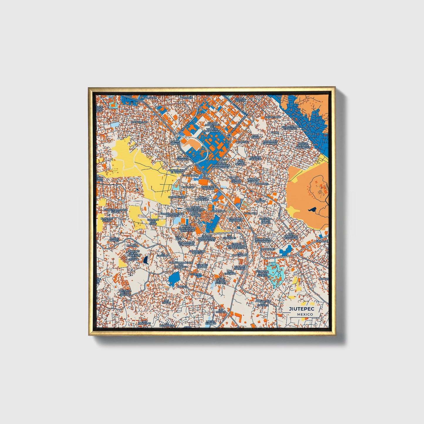 Jiutepec Mexico Colorful City Map Canvas Print • Gold Framed