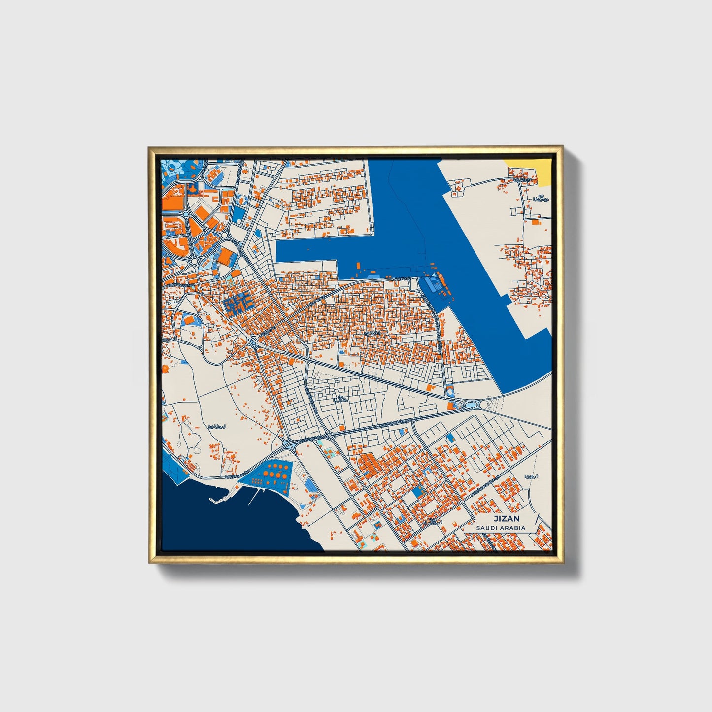 Jizan Saudi Arabia Colorful City Map Canvas Print • Gold Framed