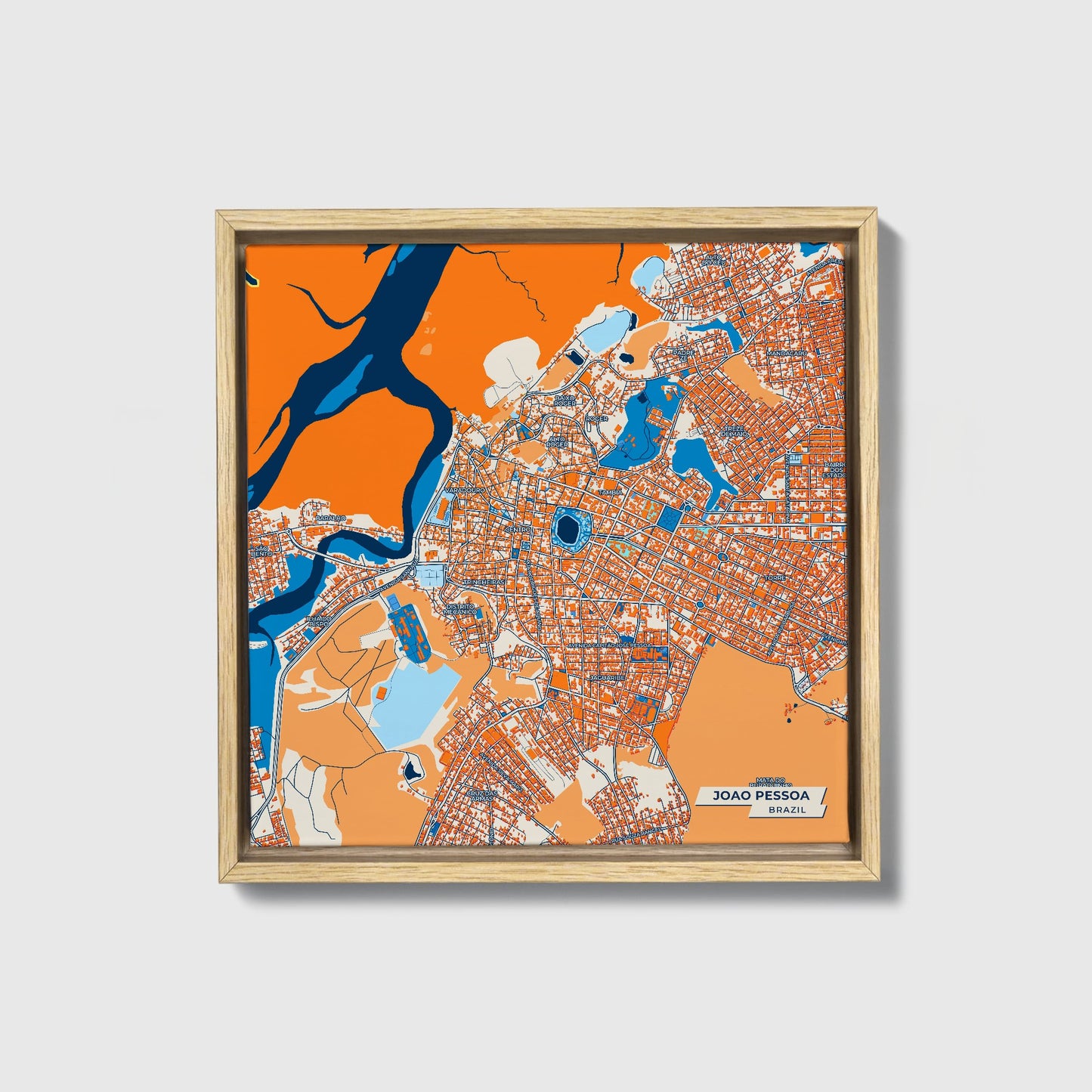 Joao Pessoa Brazil Colorful City Map Canvas Print • Natural Wooden Framed