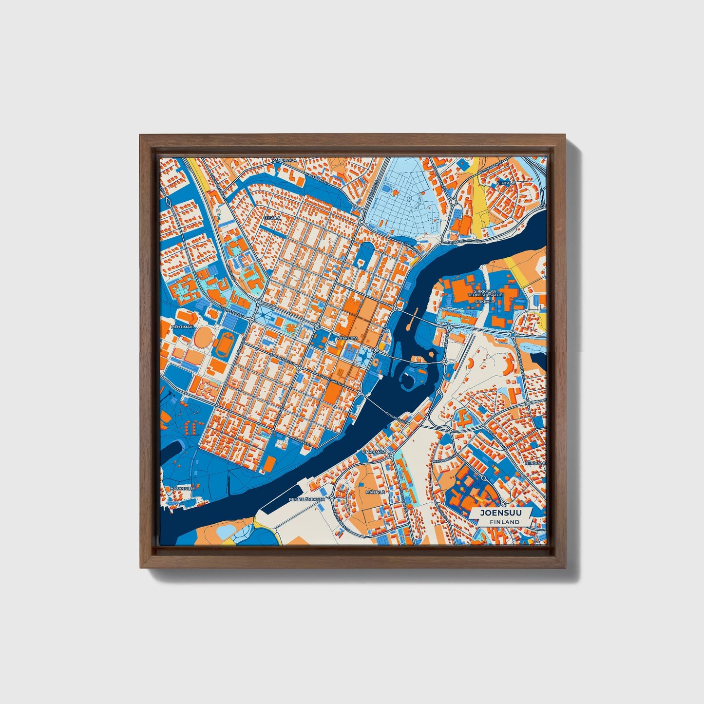 Joensuu Finland Colorful City Map Canvas Print • Dark Wooden Framed