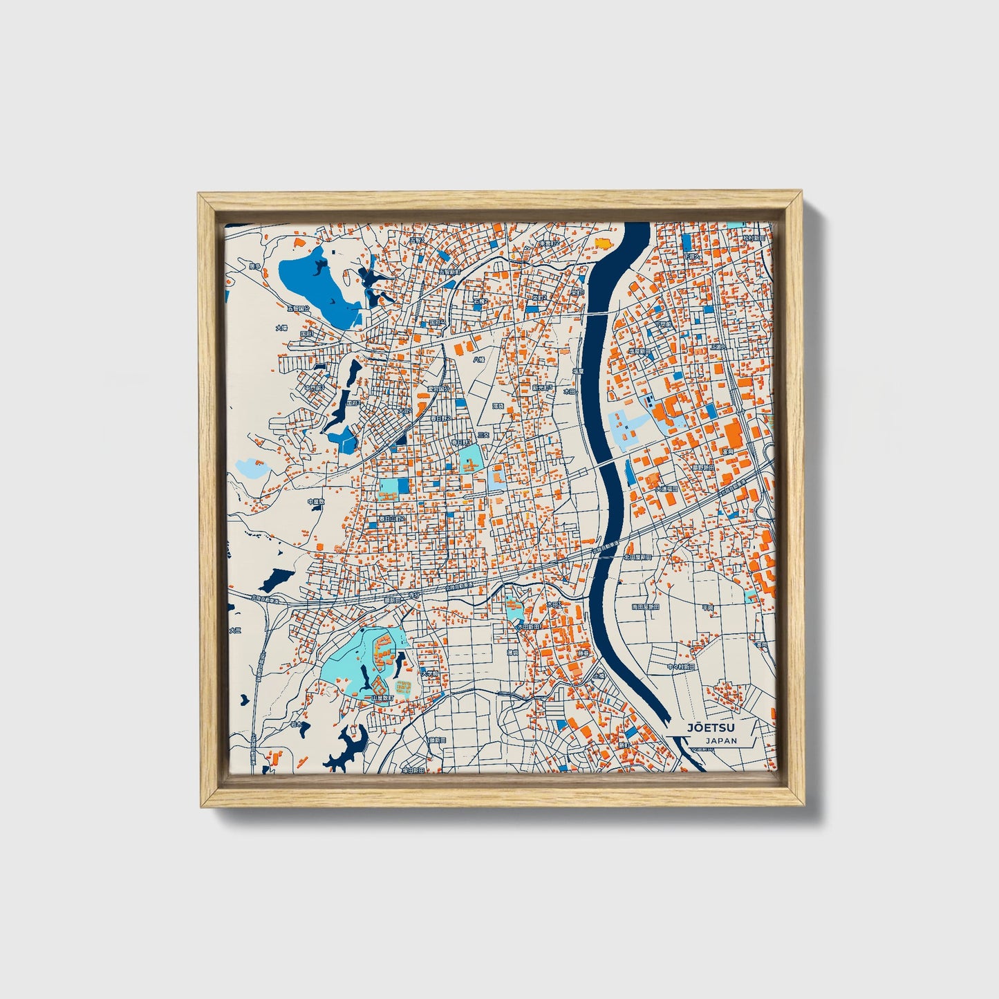Jōetsu Japan Colorful City Map Canvas Print • Natural Wooden Framed