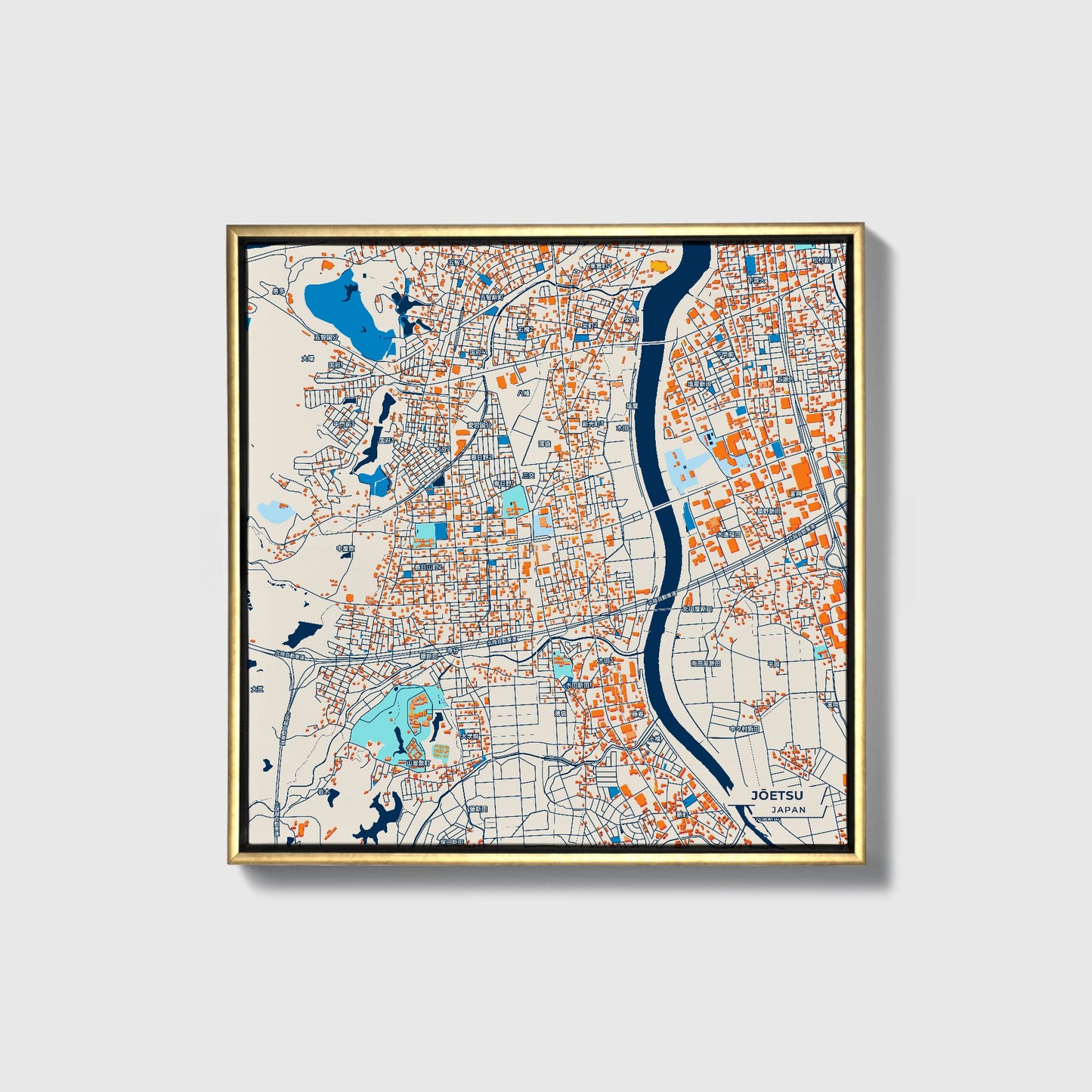Jōetsu Japan Colorful City Map Canvas Print • Gold Framed