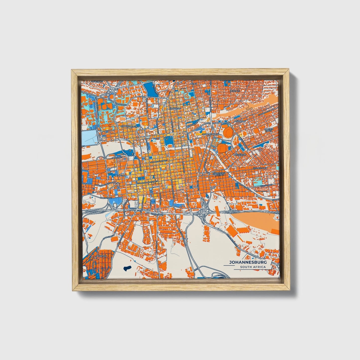 Johannesburg South Africa Colorful City Map Canvas Print • Natural Wooden Framed