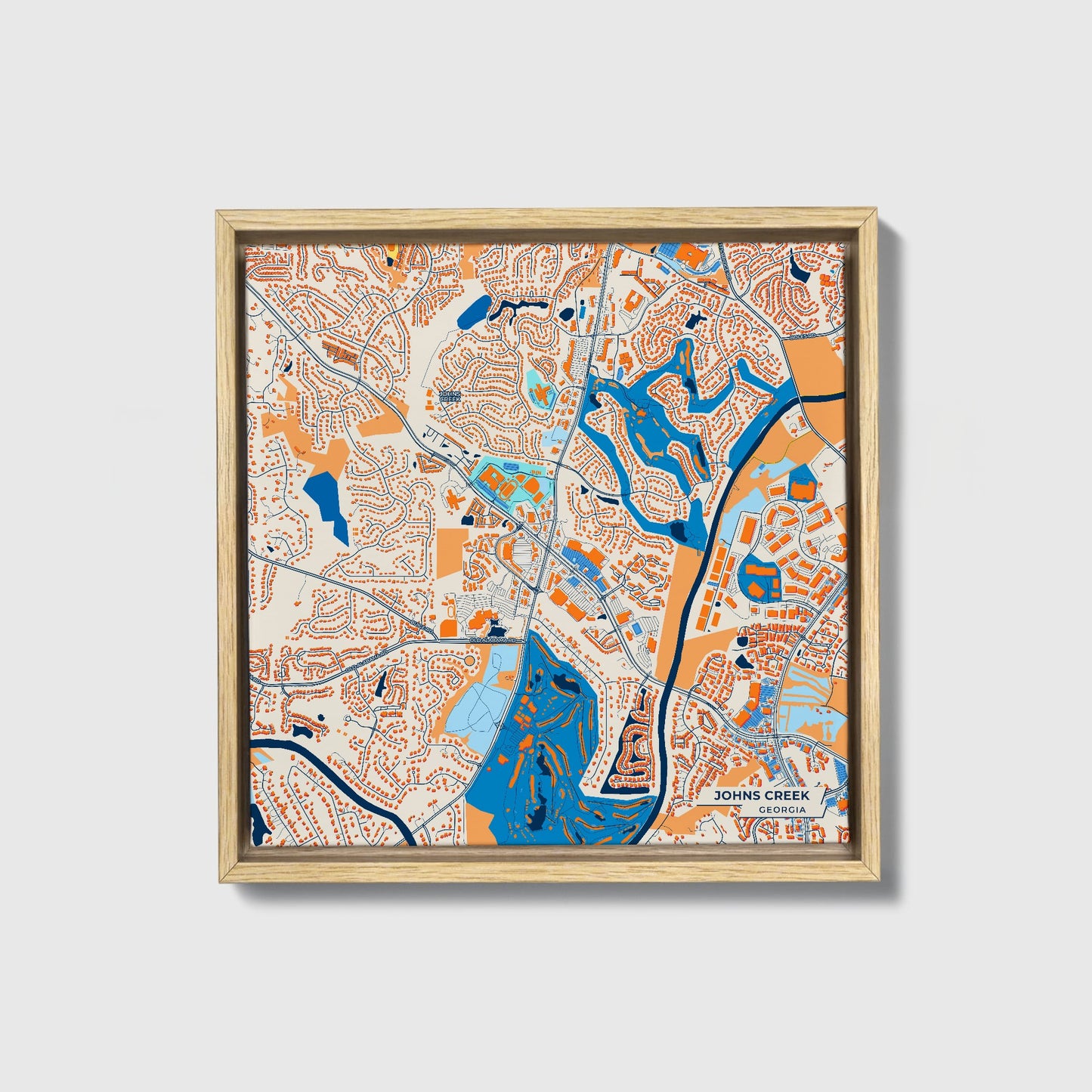 Johns Creek Georgia Colorful City Map Canvas Print • Natural Wooden Framed