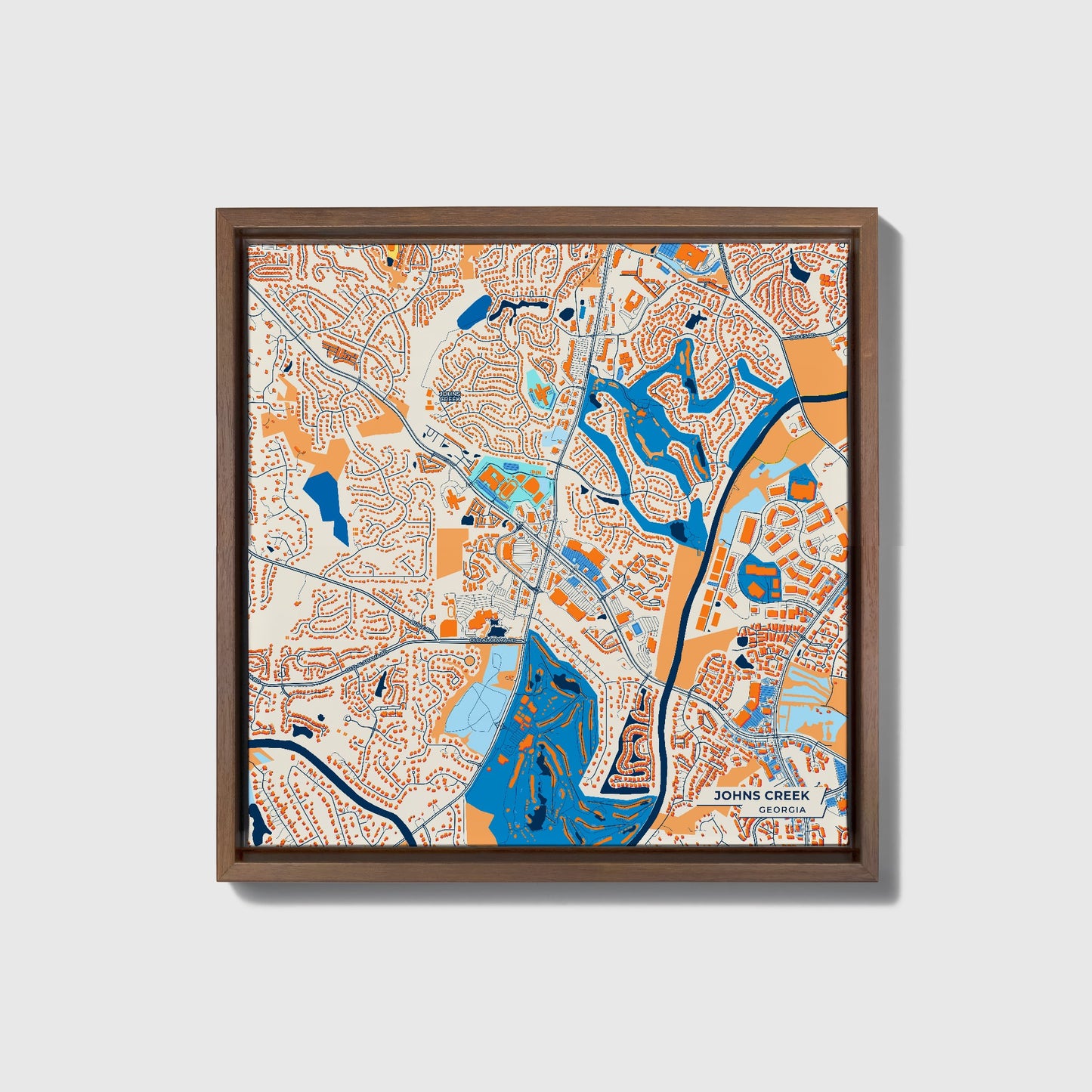 Johns Creek Georgia Colorful City Map Canvas Print • Dark Wooden Framed