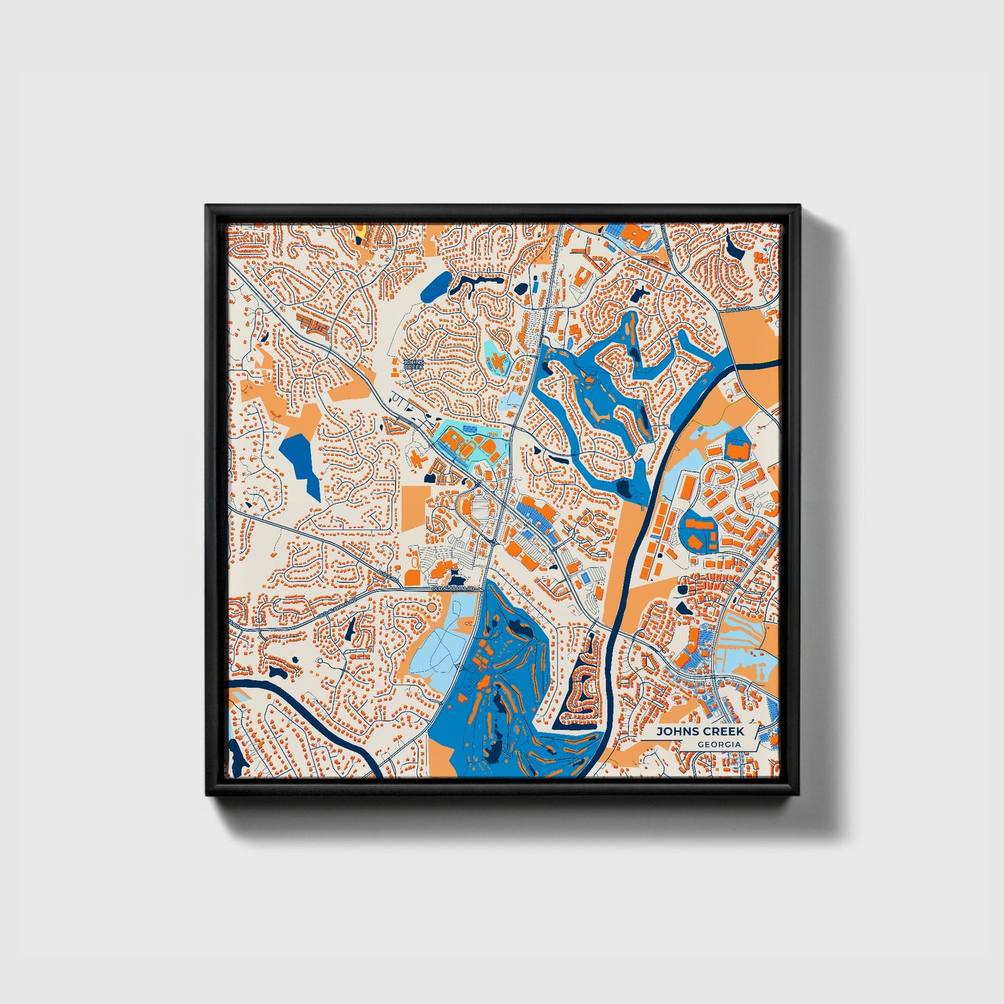 Johns Creek Georgia Colorful City Map Canvas Print • Black Framed