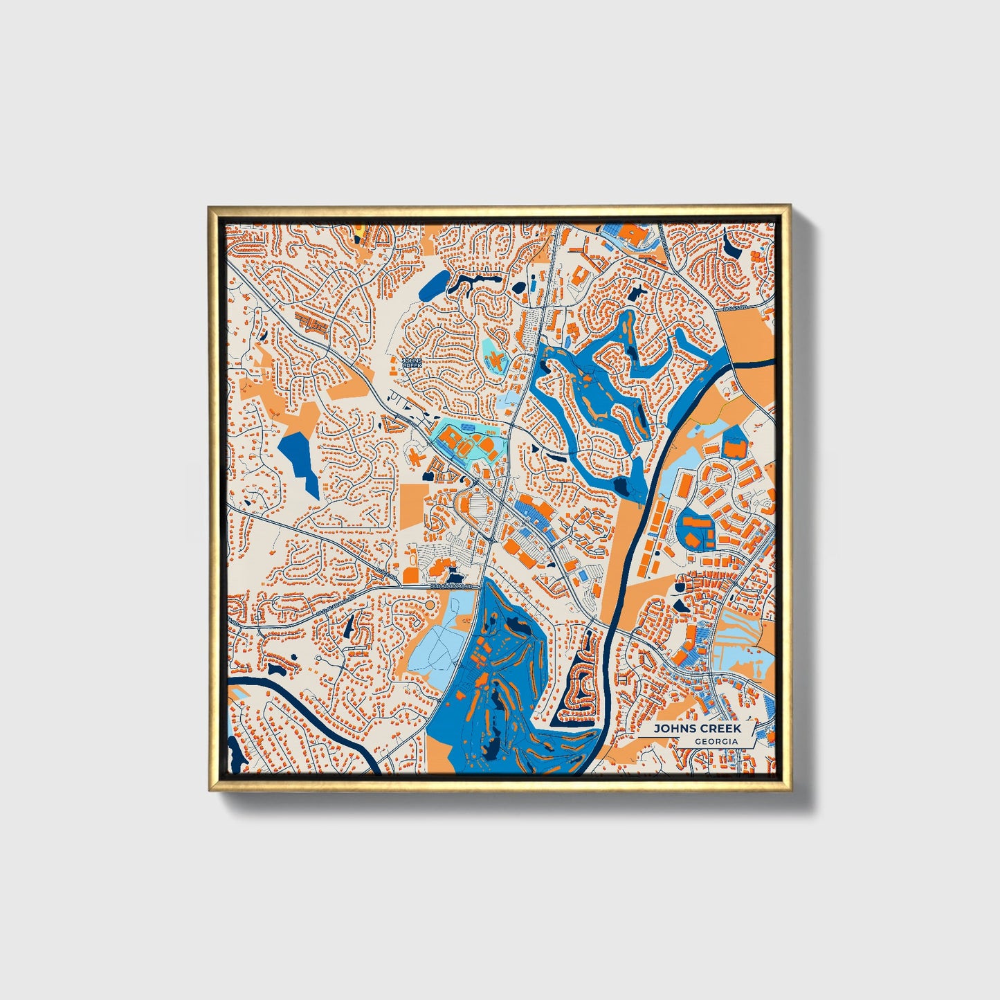 Johns Creek Georgia Colorful City Map Canvas Print • Gold Framed