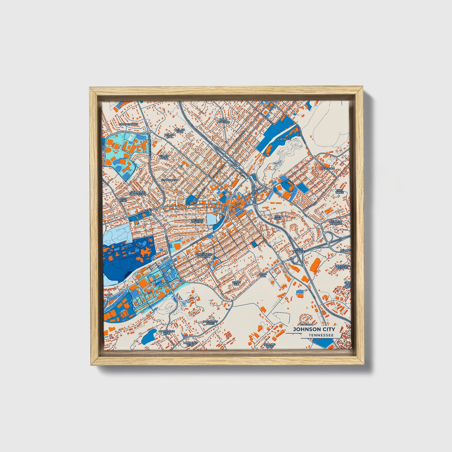 Johnson City Tennessee Colorful City Map Canvas Print • Natural Wooden Framed