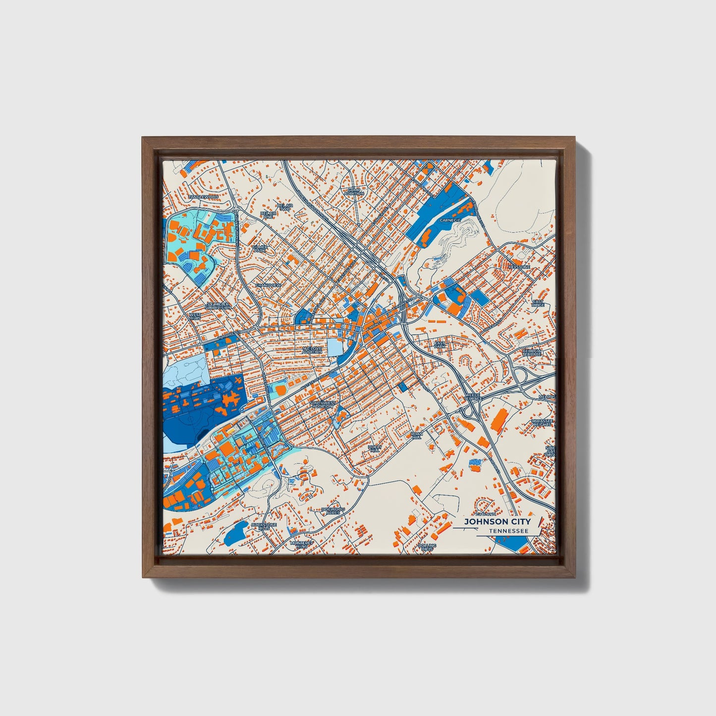 Johnson City Tennessee Colorful City Map Canvas Print • Dark Wooden Framed