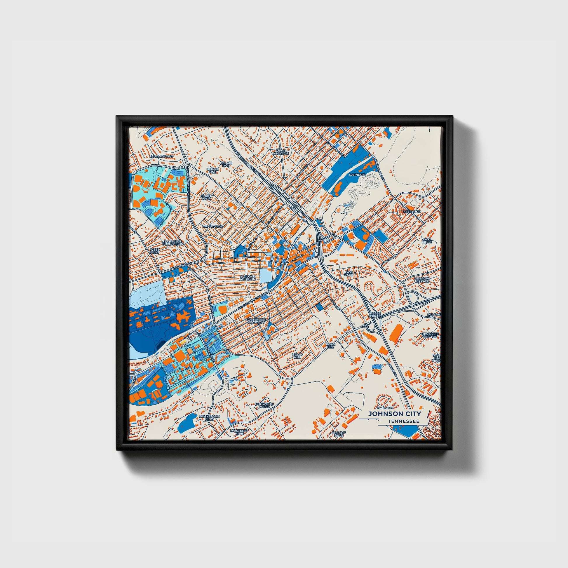 Johnson City Tennessee Colorful City Map Canvas Print • Black Framed