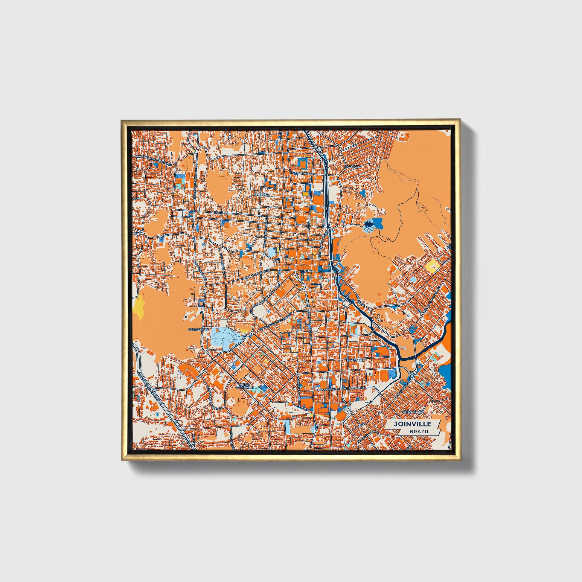 Joinville Brazil Colorful City Map Canvas Print • Gold Framed