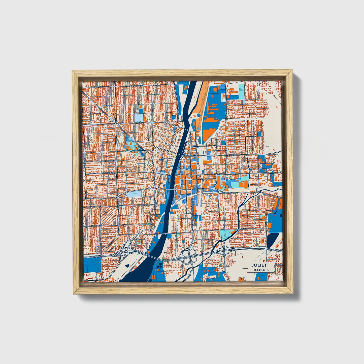 Joliet Illinois Colorful City Map Canvas Print • Natural Wooden Framed