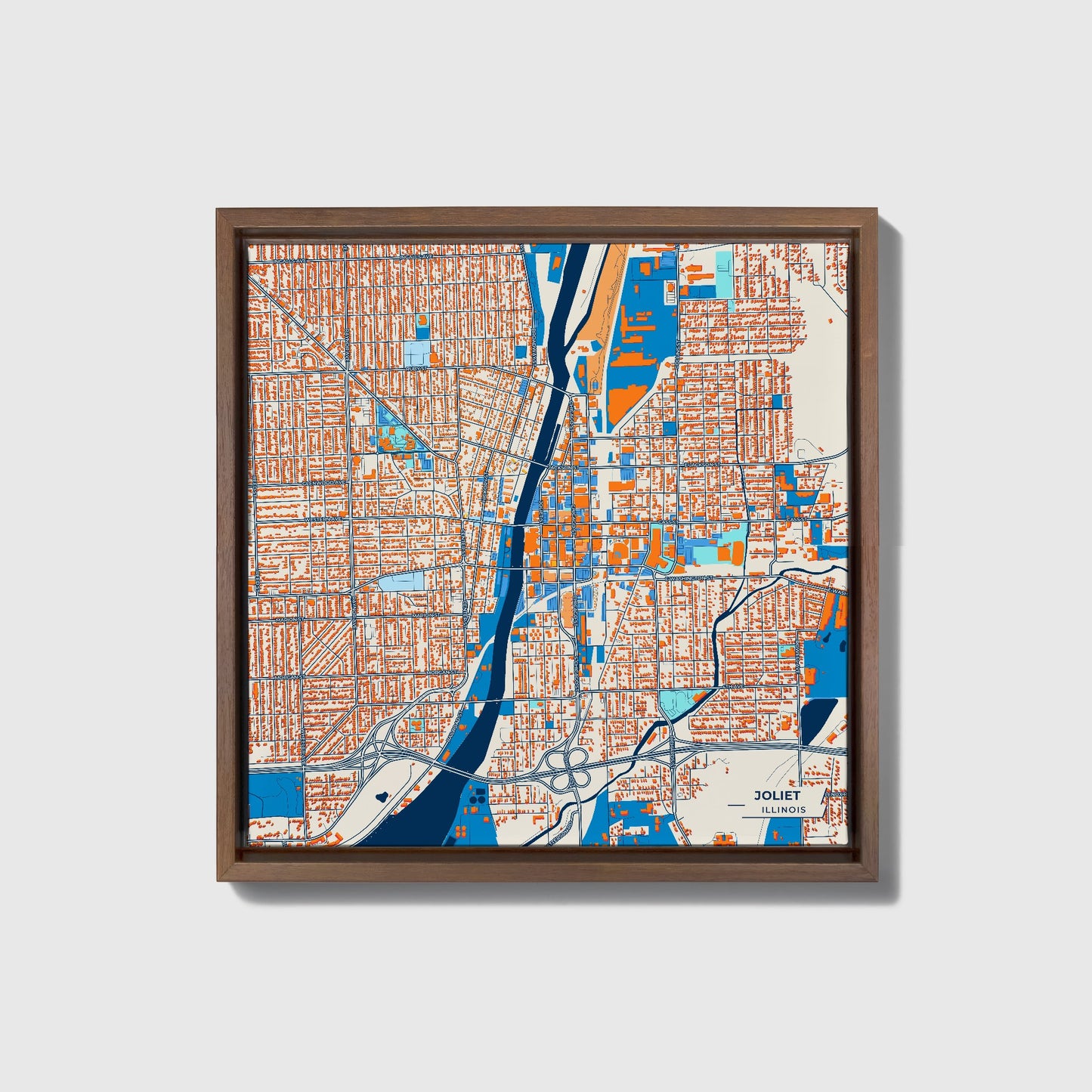 Joliet Illinois Colorful City Map Canvas Print • Dark Wooden Framed