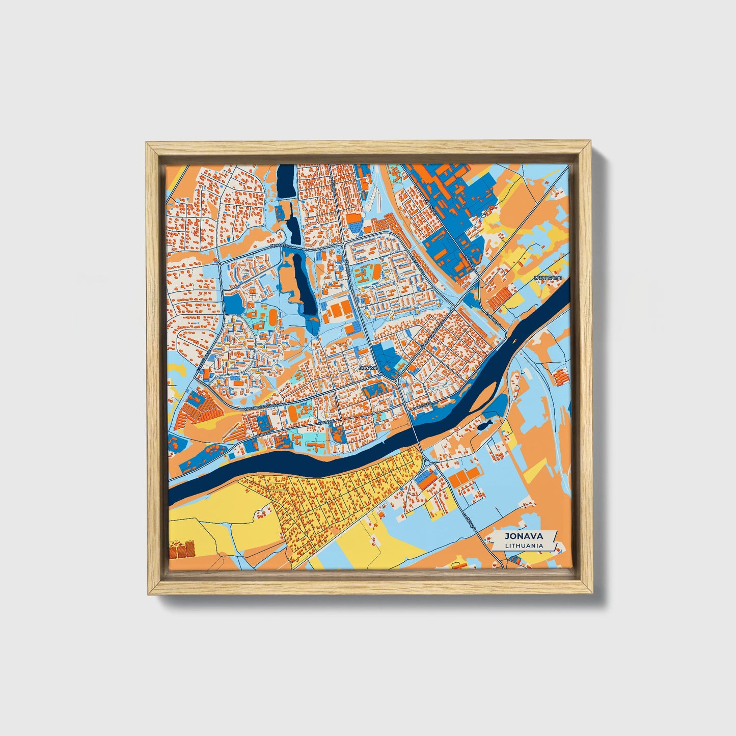Jonava Lithuania Colorful City Map Canvas Print • Natural Wooden Framed
