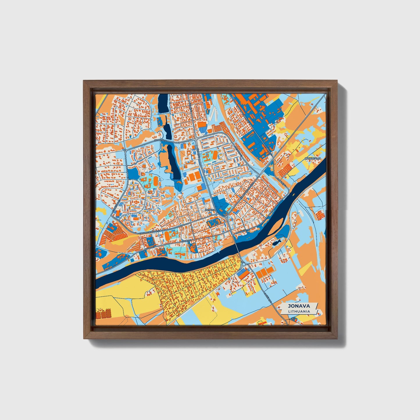Jonava Lithuania Colorful City Map Canvas Print • Dark Wooden Framed