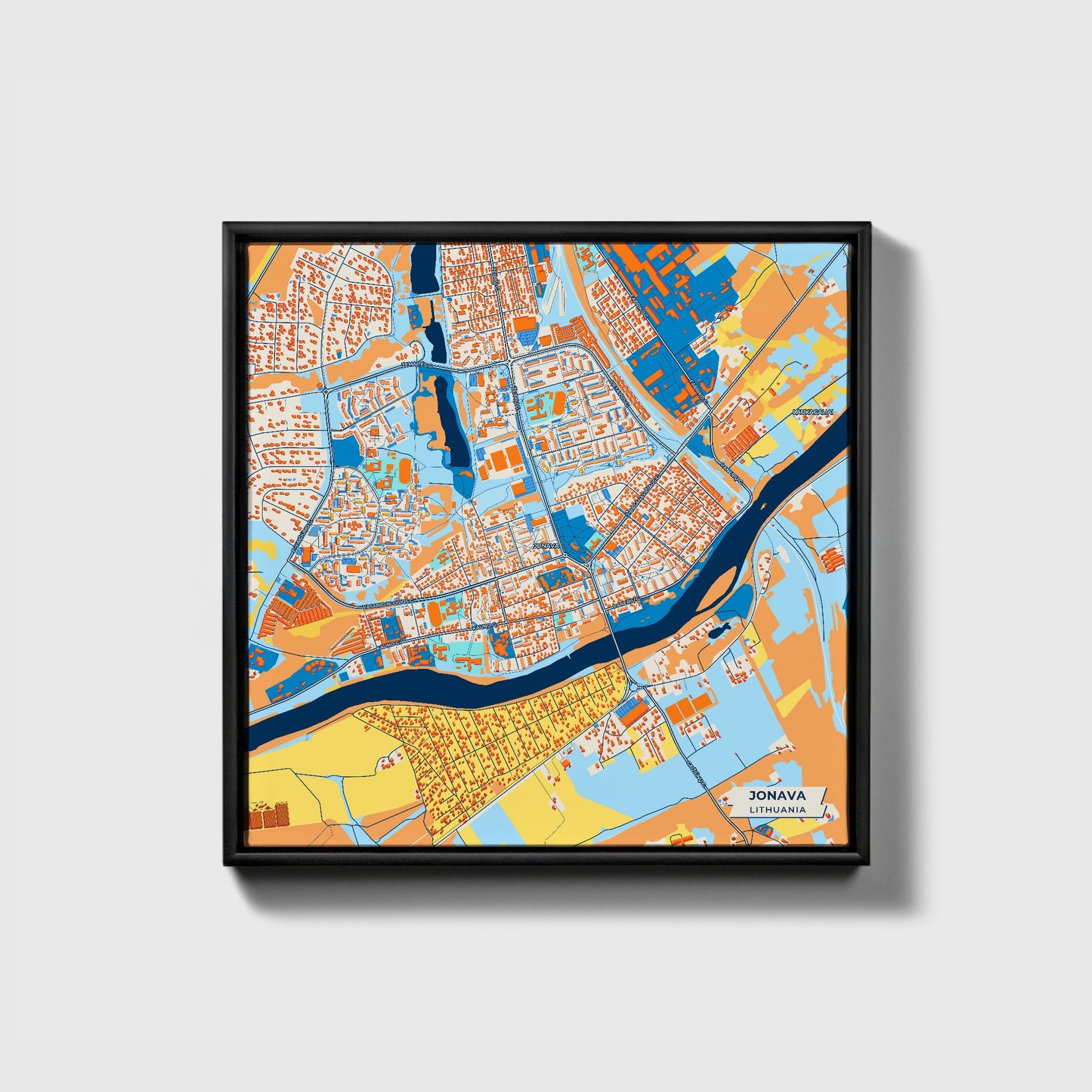Jonava Lithuania Colorful City Map Canvas Print • Black Framed